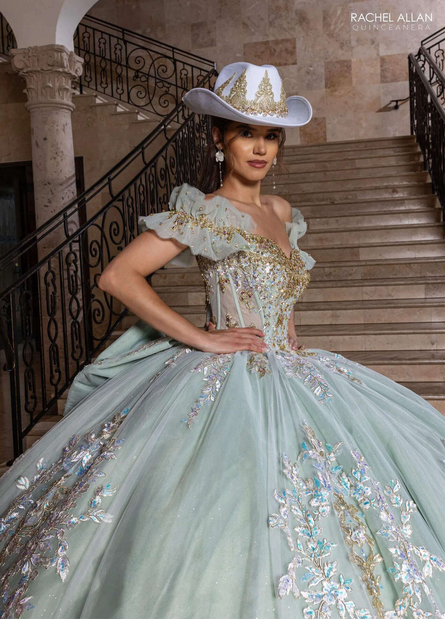 Ivory Sage Sweetheart Off the Shoulder Floor Length Glitter Tulle Quinceanera Ball Gown Rachel Allan RQ2240