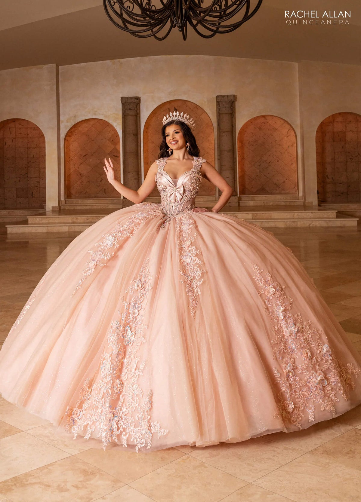 Blush V Neck Floor Length Glitter Tulle Quinceanera Ball Gown Rachel Allan RQ2244