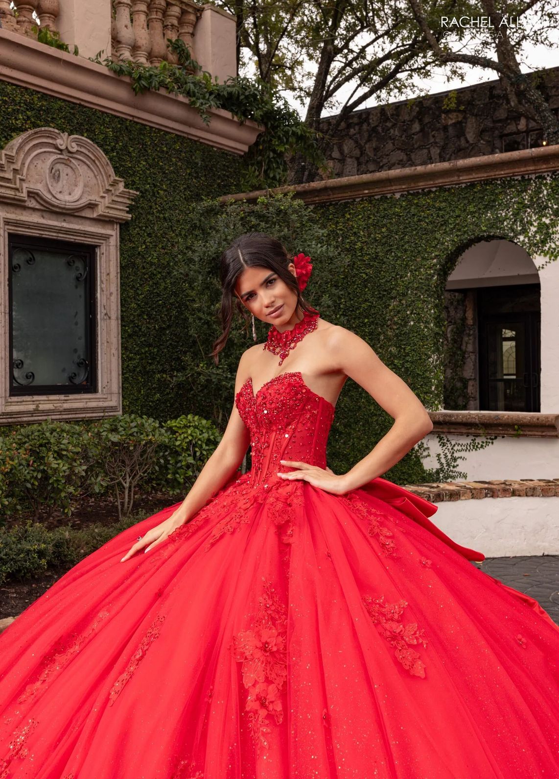 Red Sweetheart Floor Length Glitter Tulle Quinceanera Ball Gown with Floral Applique Rachel Allan RQ3156