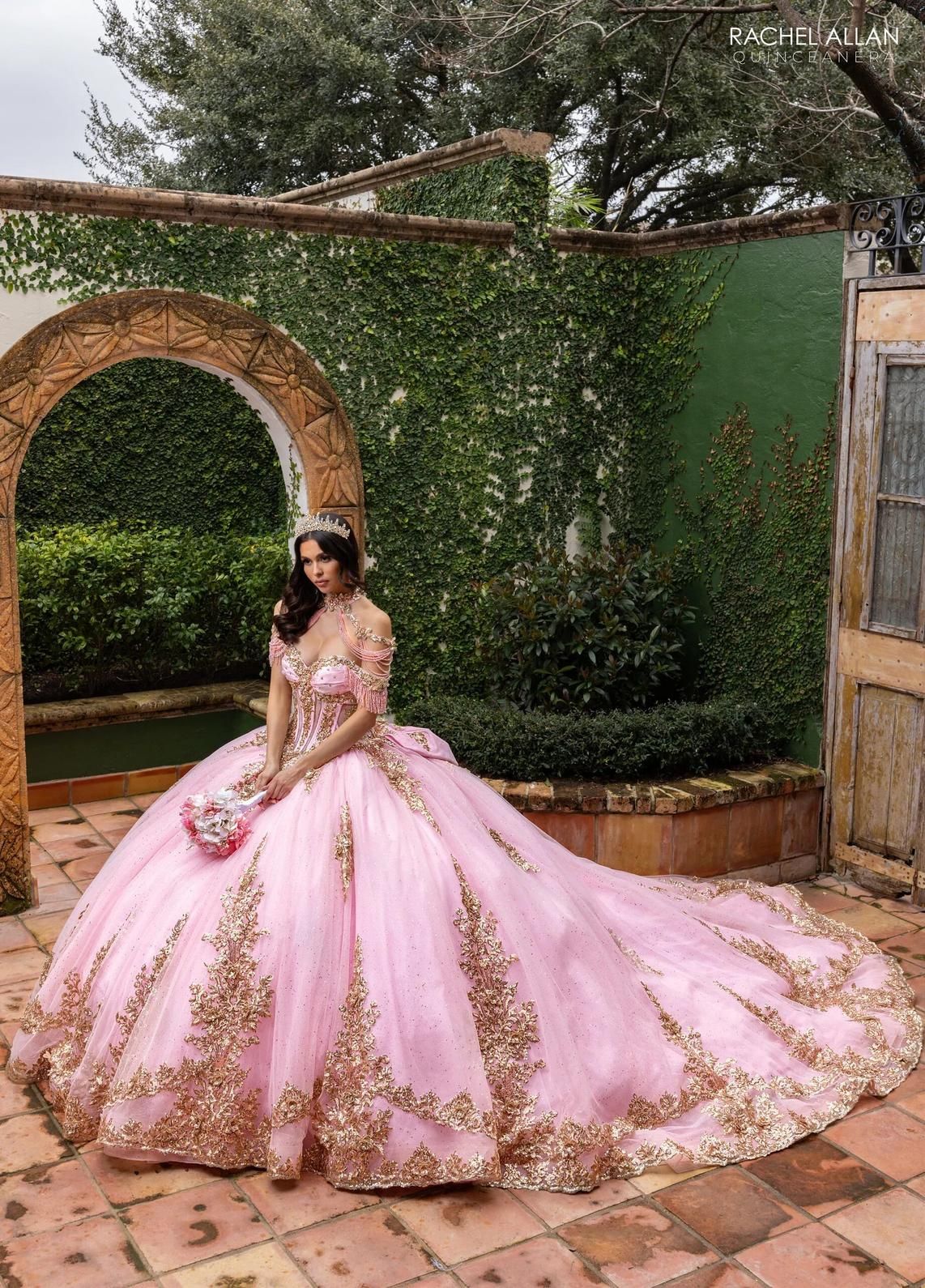 Blush Gold Sweetheart Floor Length Glitter Tulle Quinceanera Ball Gown with 3D Floral Applique Rachel Allan RQ2225