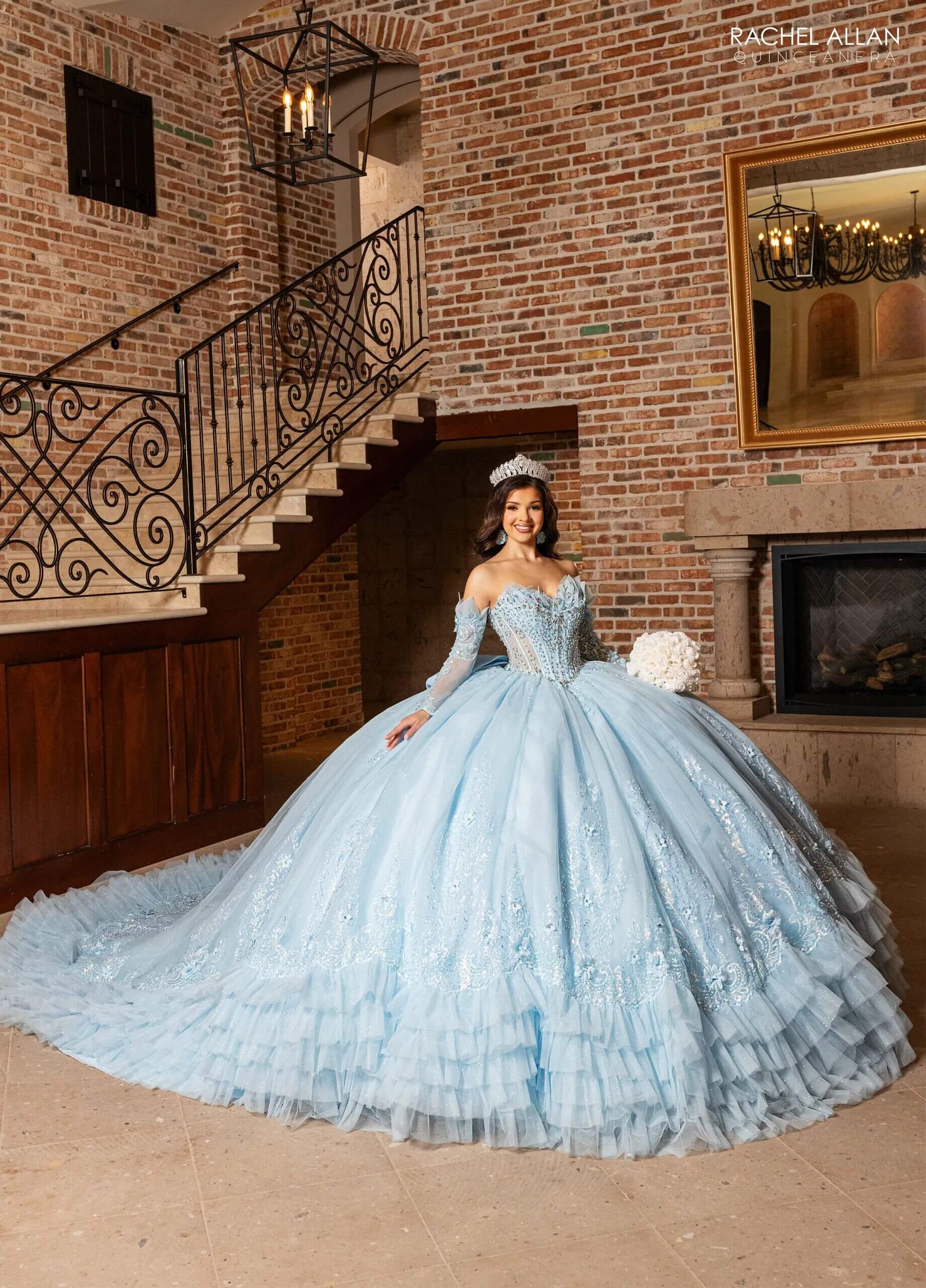 Light Blue Off the Shoulder Floor Length Glitter Tulle Quinceanera Ruffle Hem Ball Gown Rachel Allan RQ2243