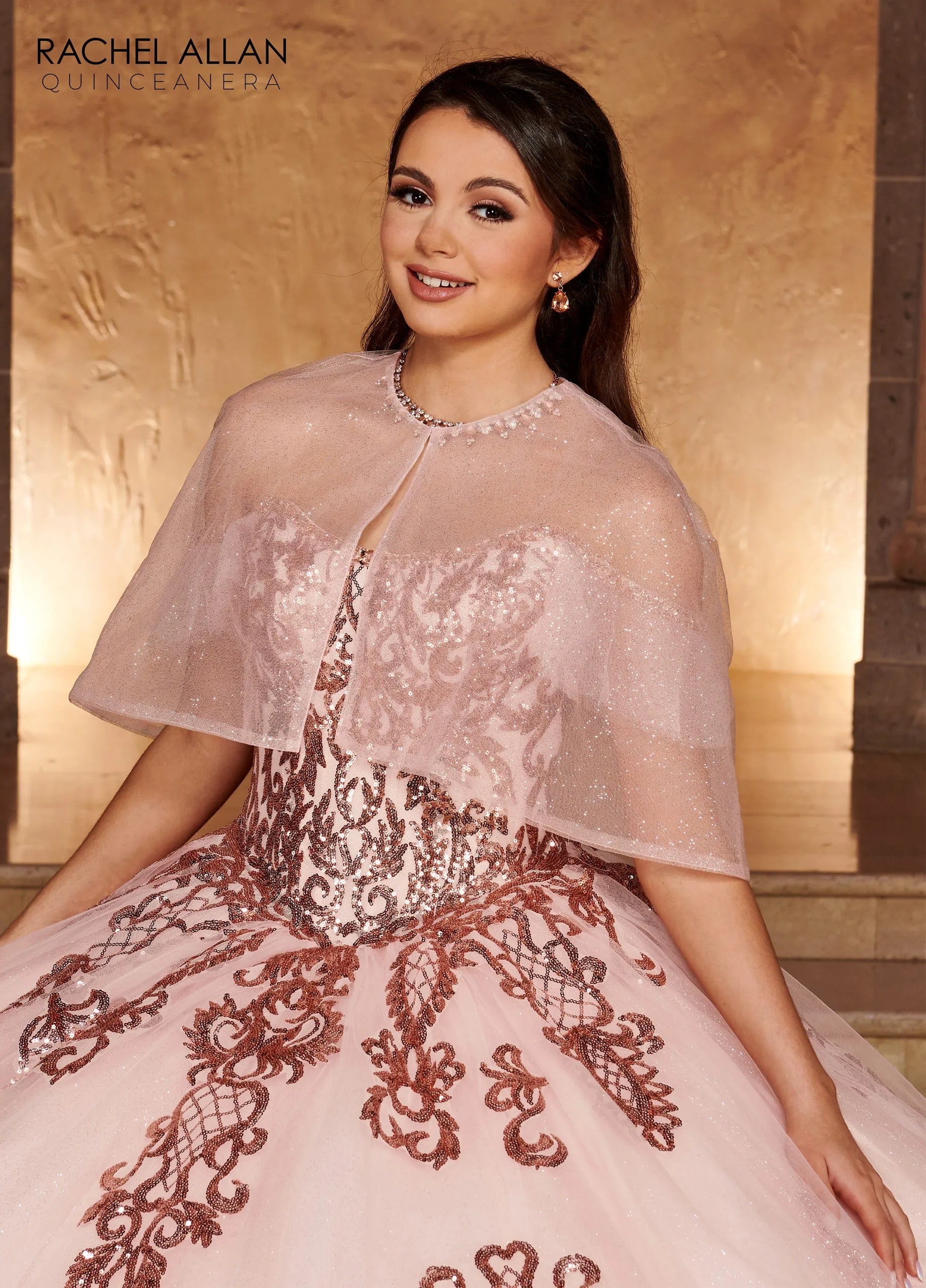 Blush Rose Gold Scoop Neck Floor Length Glitter Tulle Quinceanera Ball Gown with Detachable Bow Rachel Allan RQ2166