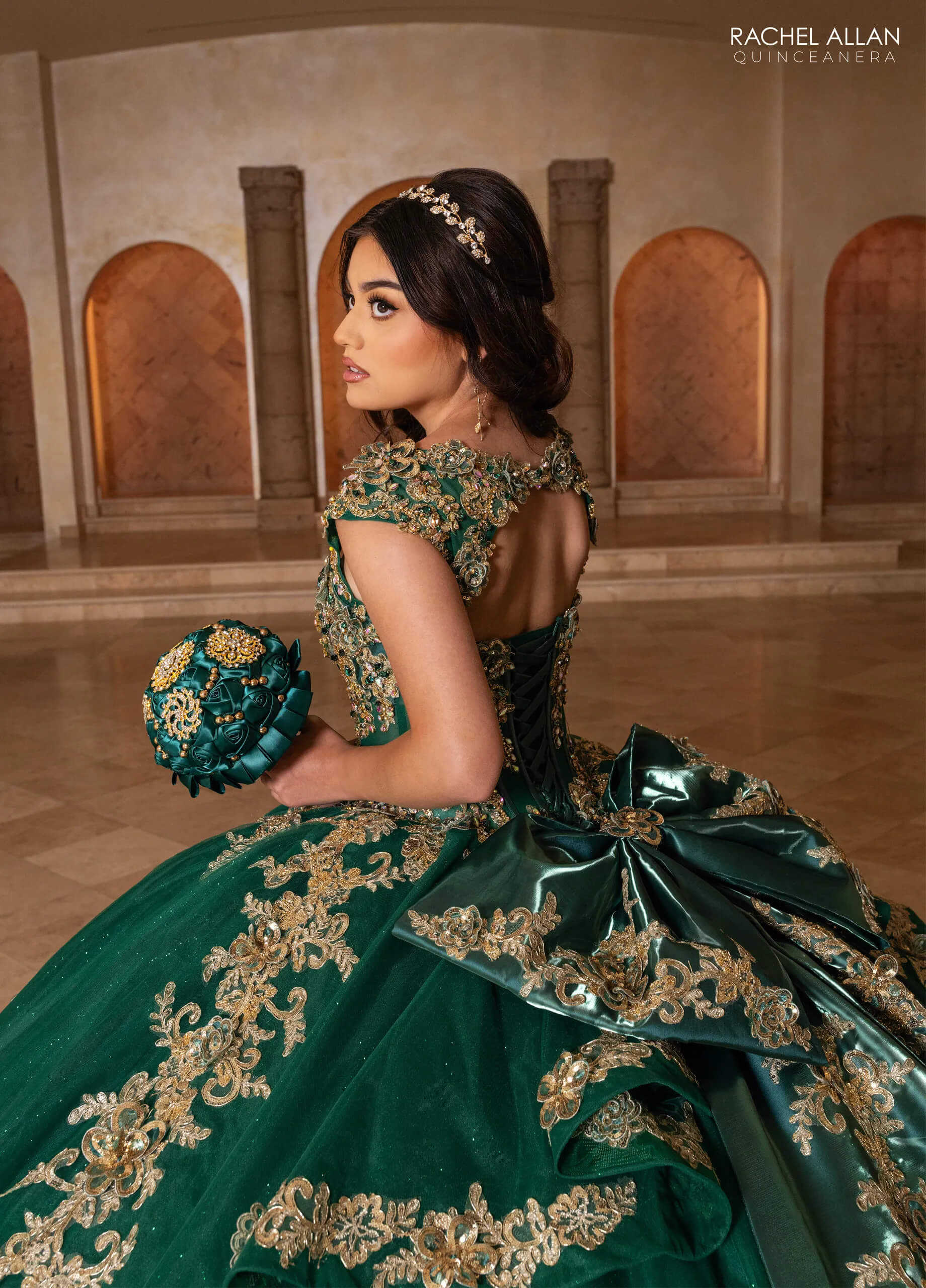 Emerald Gold V Neck Floor Length Glitter Tulle Quinceanera Ball Gown Rachel Allan RQ2244