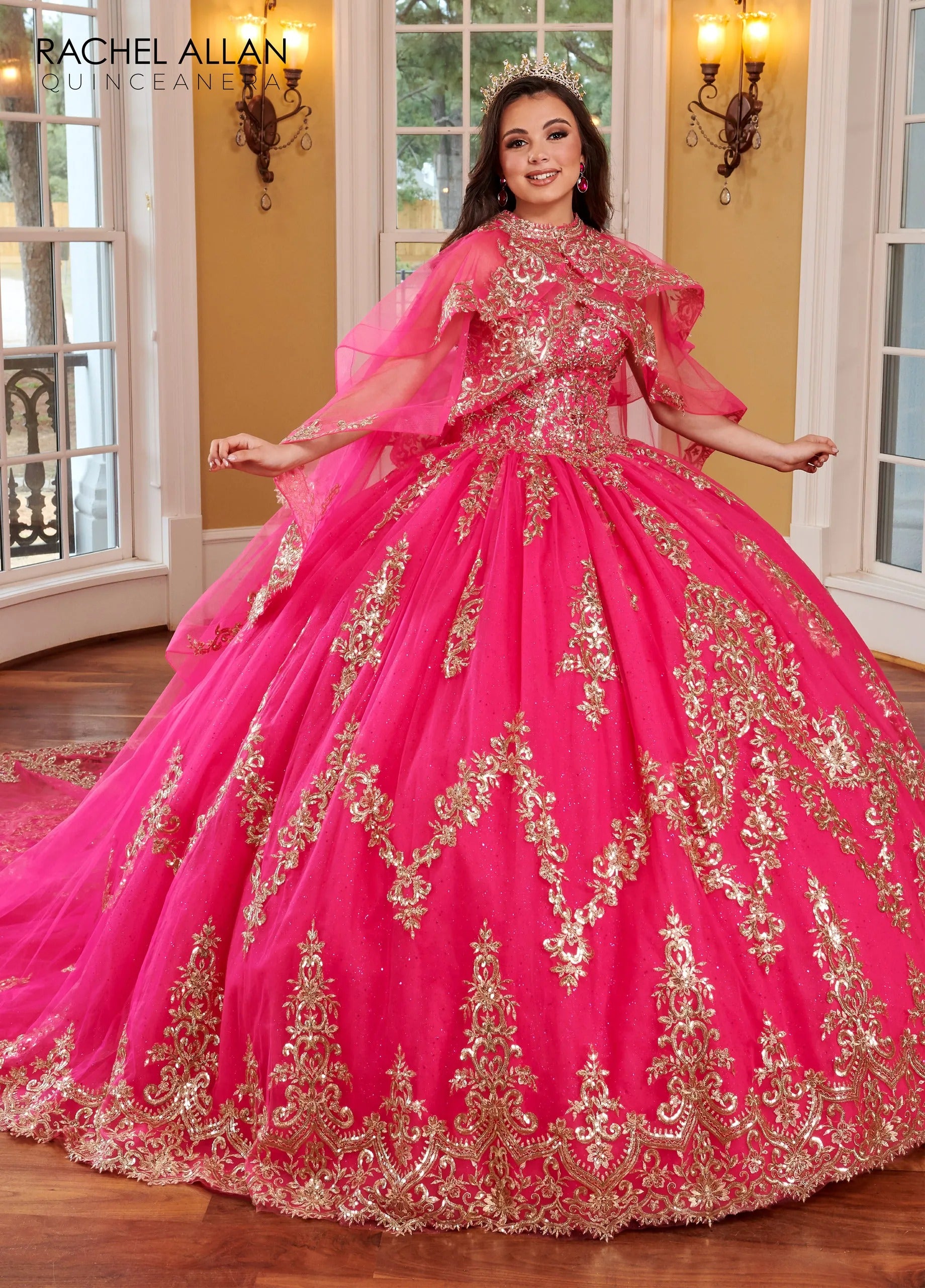 Fuchsia Gold Sweetheart Floor Length Glitter Tulle Quinceanera Ball Gown with Cathedral Train Rachel Allan RQ2170