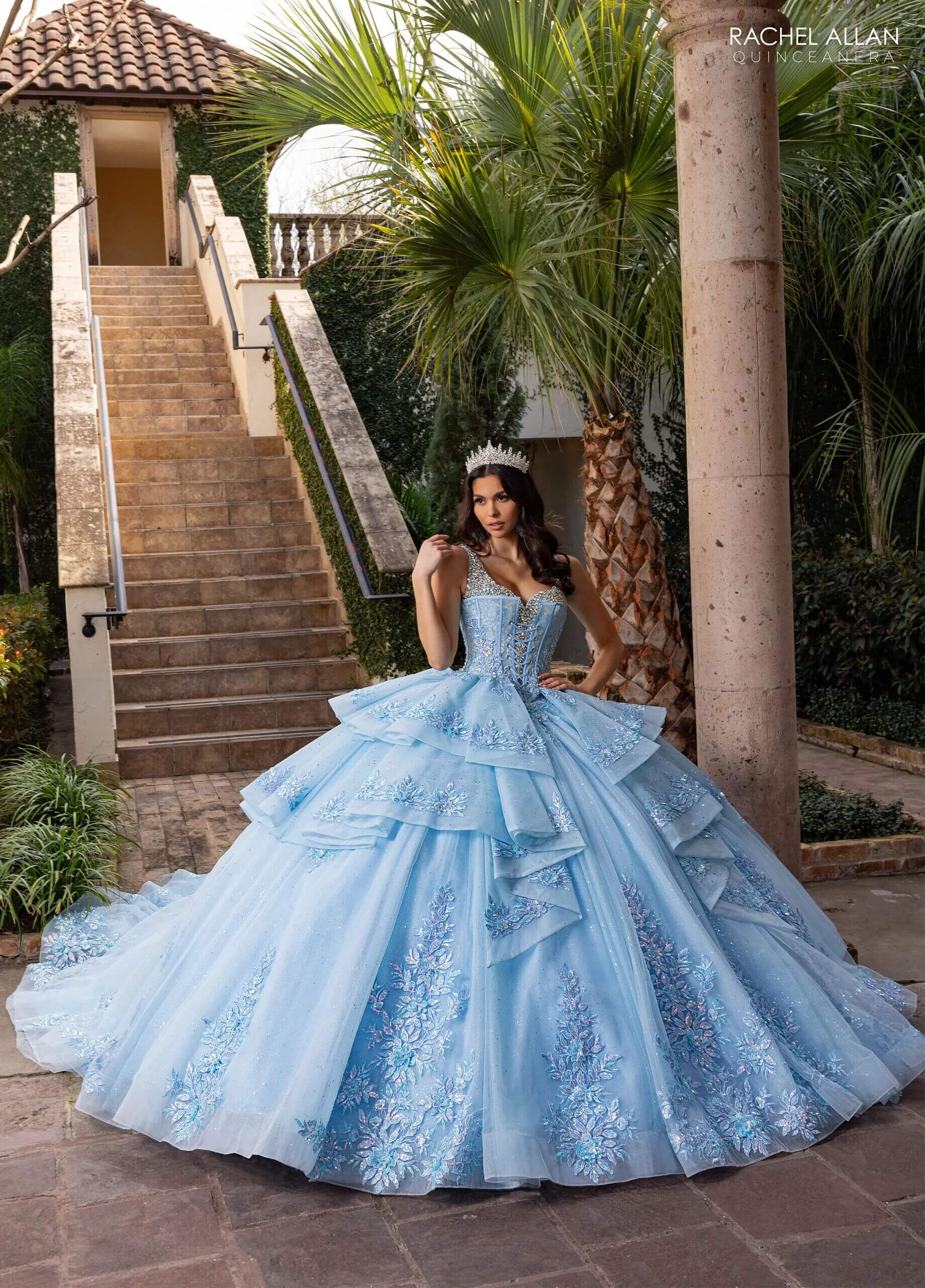 Soft Sky Blue Sweetheart Floor Length Glitter Tulle Quinceanera Ball Gown with Tiered Overskirt and Corset Overlay Rachel Allan RQ3158