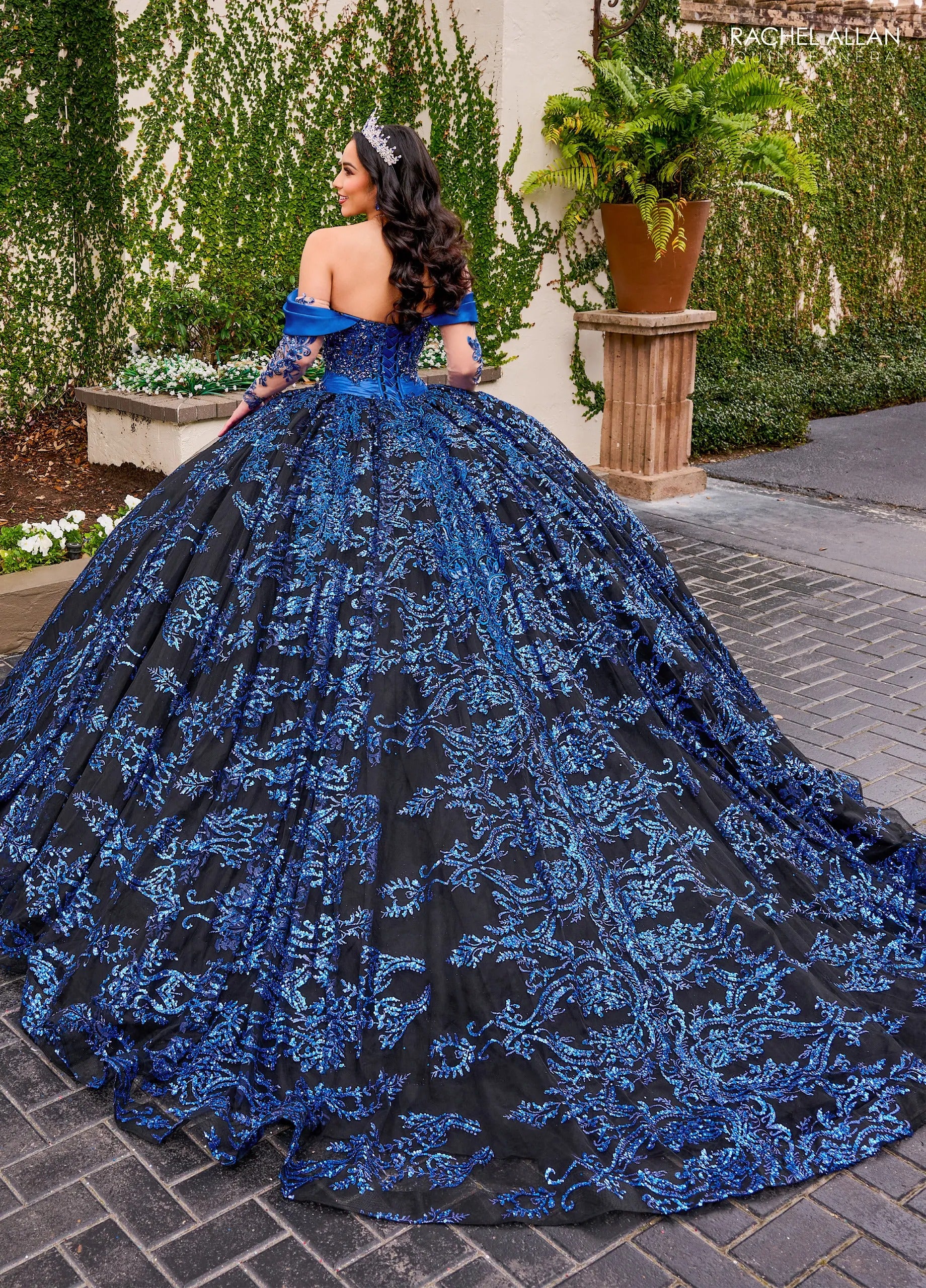 Black Royal Off the Shoulder Floor Length Glitter Tulle Quinceanera Ball Gown with Embroidered Applique Rachel Allan RQ2194