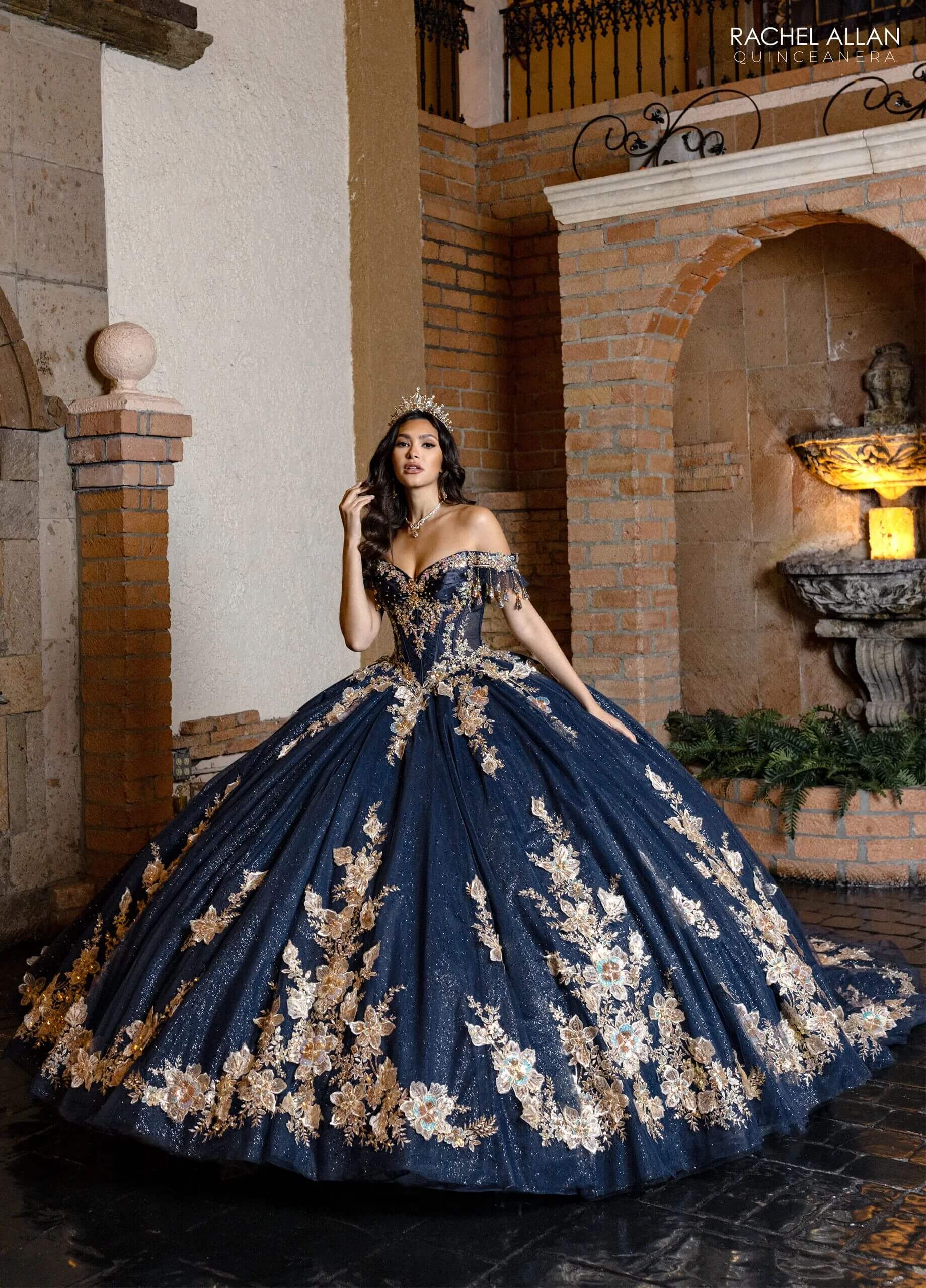 Navy Gold Off the Shoulder Floor Length Glitter Tulle Quinceanera Ball Gown with Detachable Necklace and Bodice Liner Rachel Allan RQ2228