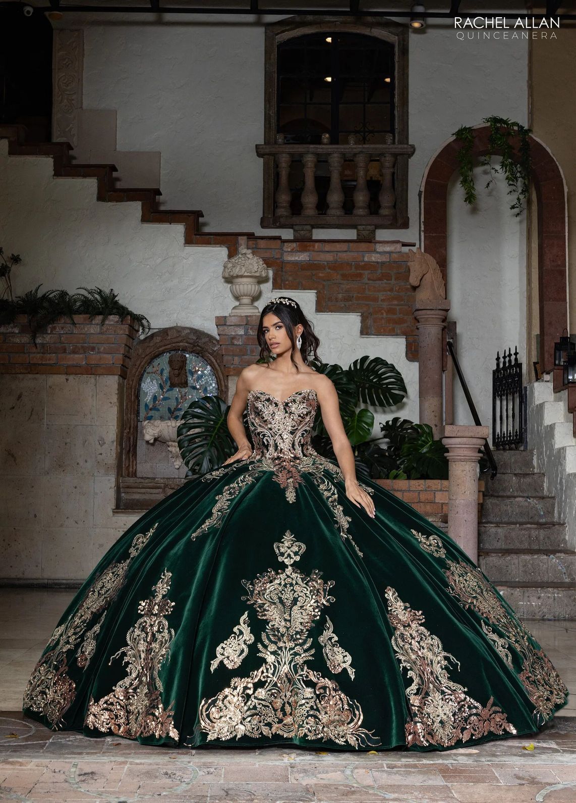 Emerald Gold Sweetheart Floor Length Velvet Quinceanera Ball Gown with Metallic Embroidery Rachel Allan RQ3160