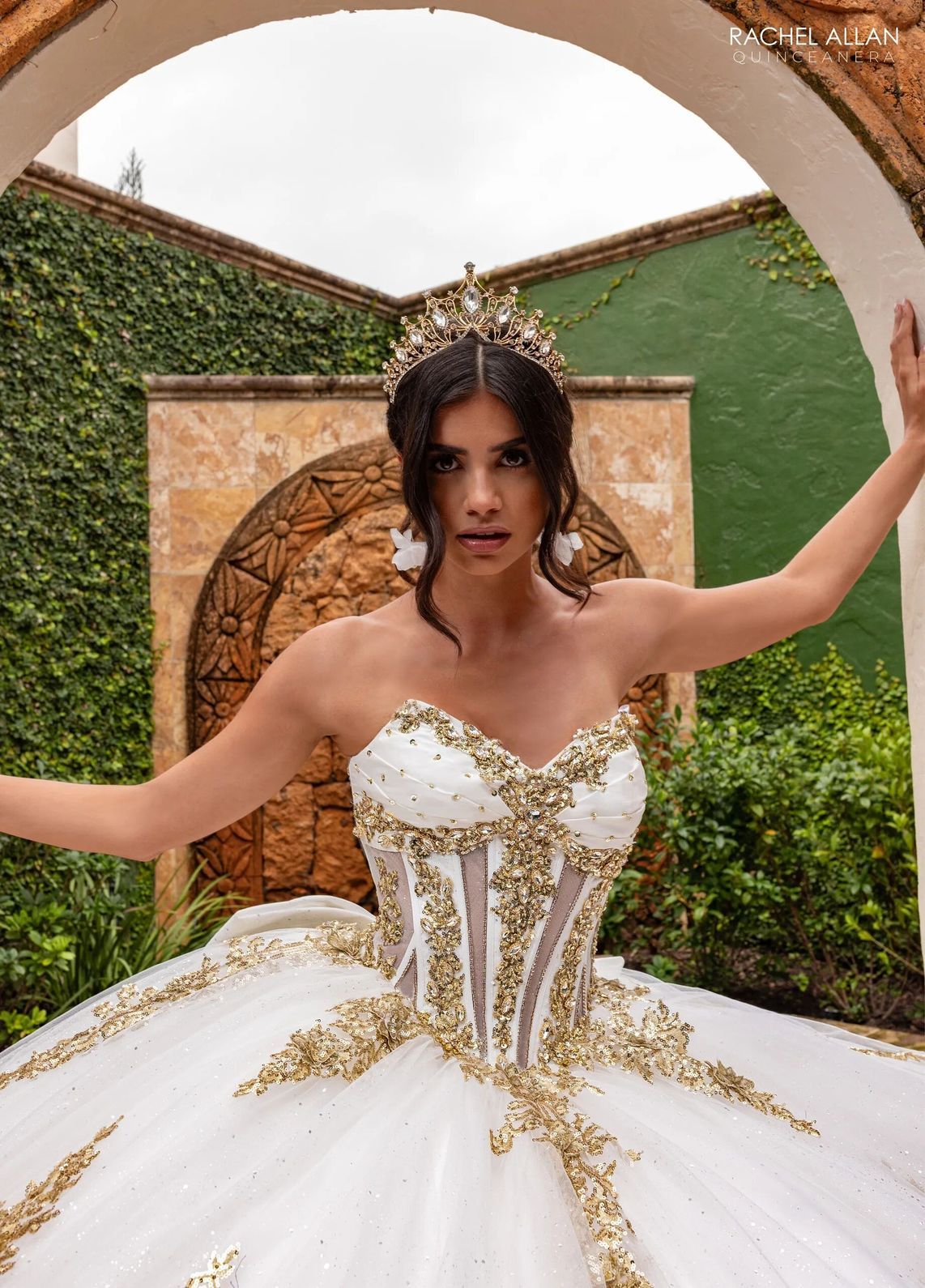 Ivory Gold Sweetheart Floor Length Glitter Tulle Quinceanera Ball Gown with 3D Floral Applique Rachel Allan RQ2225