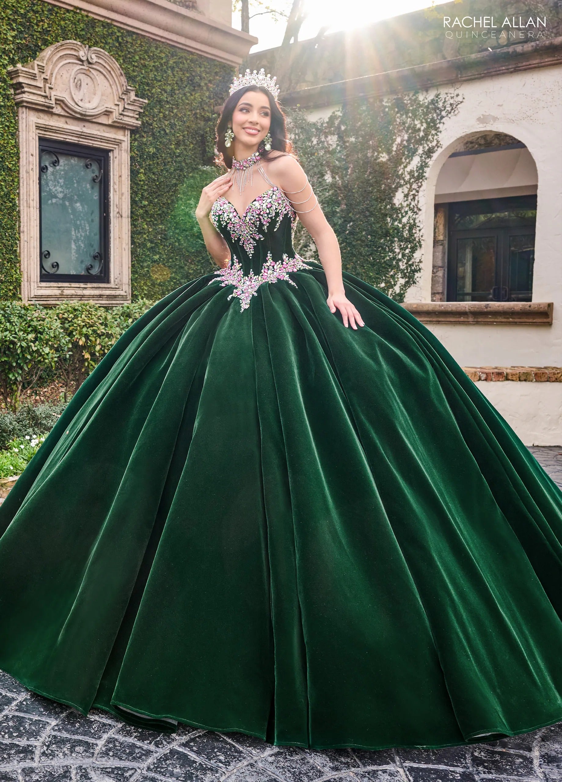 Emerald Multi Sweetheart Floor Length Velvet Quinceanera Ball Gown with Floral Embroidery Rachel Allan RQ2198