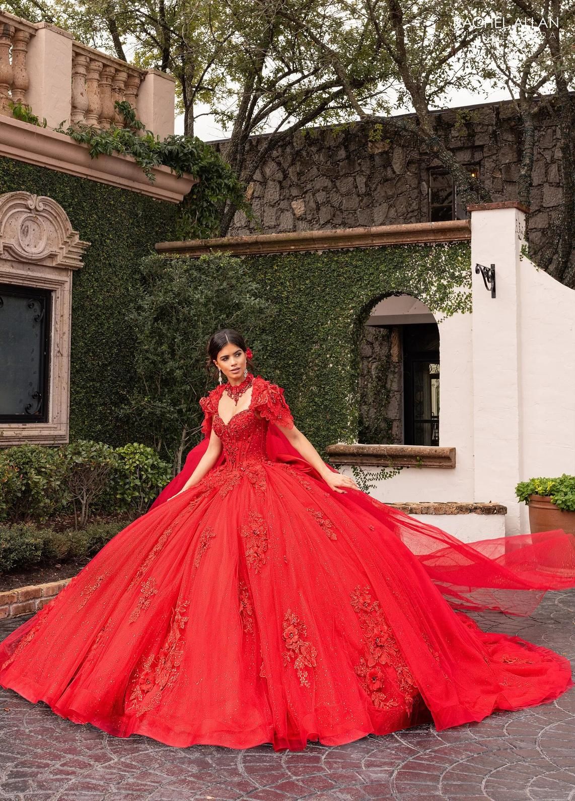 Red Sweetheart Floor Length Glitter Tulle Quinceanera Ball Gown with Floral Applique Rachel Allan RQ3156