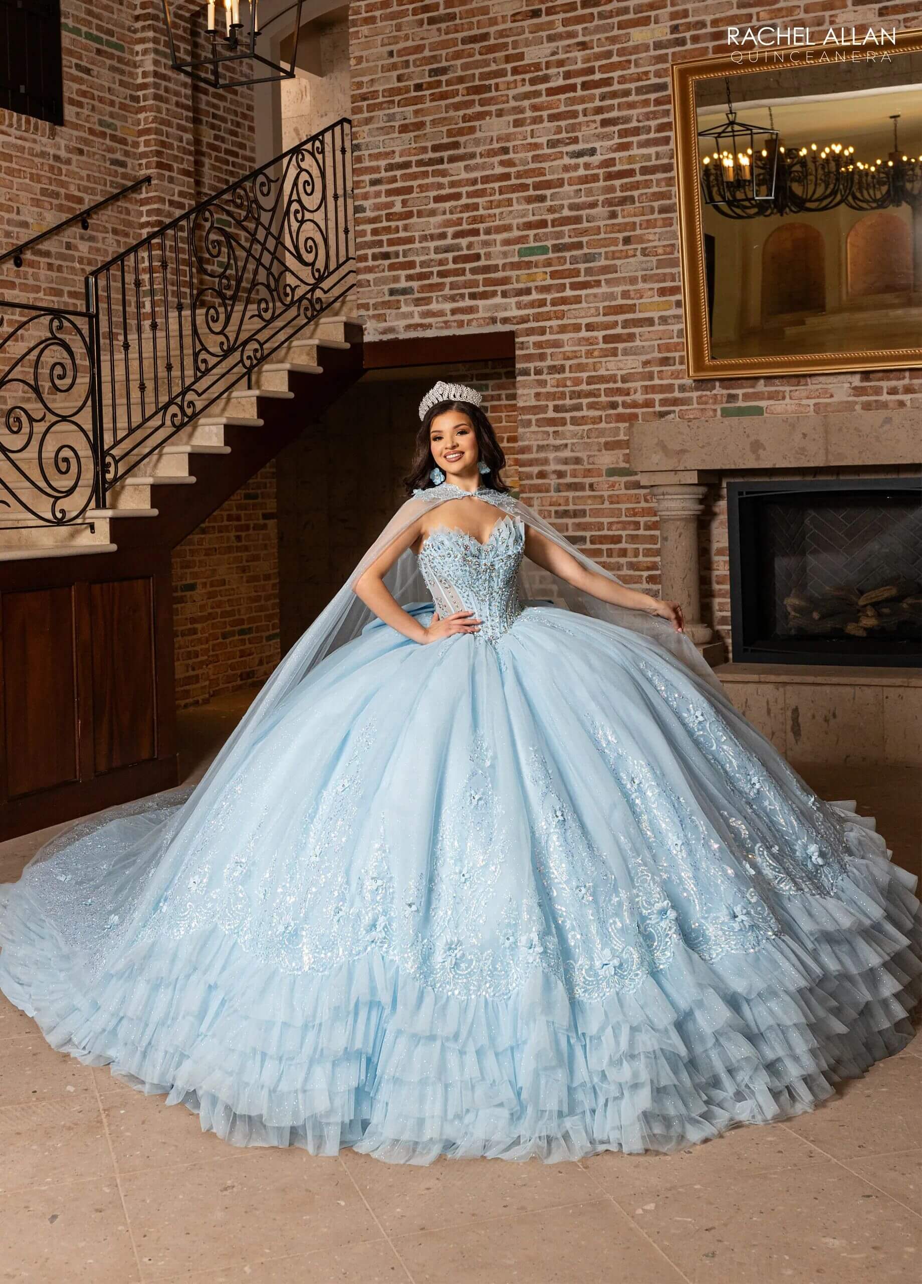 Light Blue Off the Shoulder Floor Length Glitter Tulle Quinceanera Ruffle Hem Ball Gown Rachel Allan RQ2243