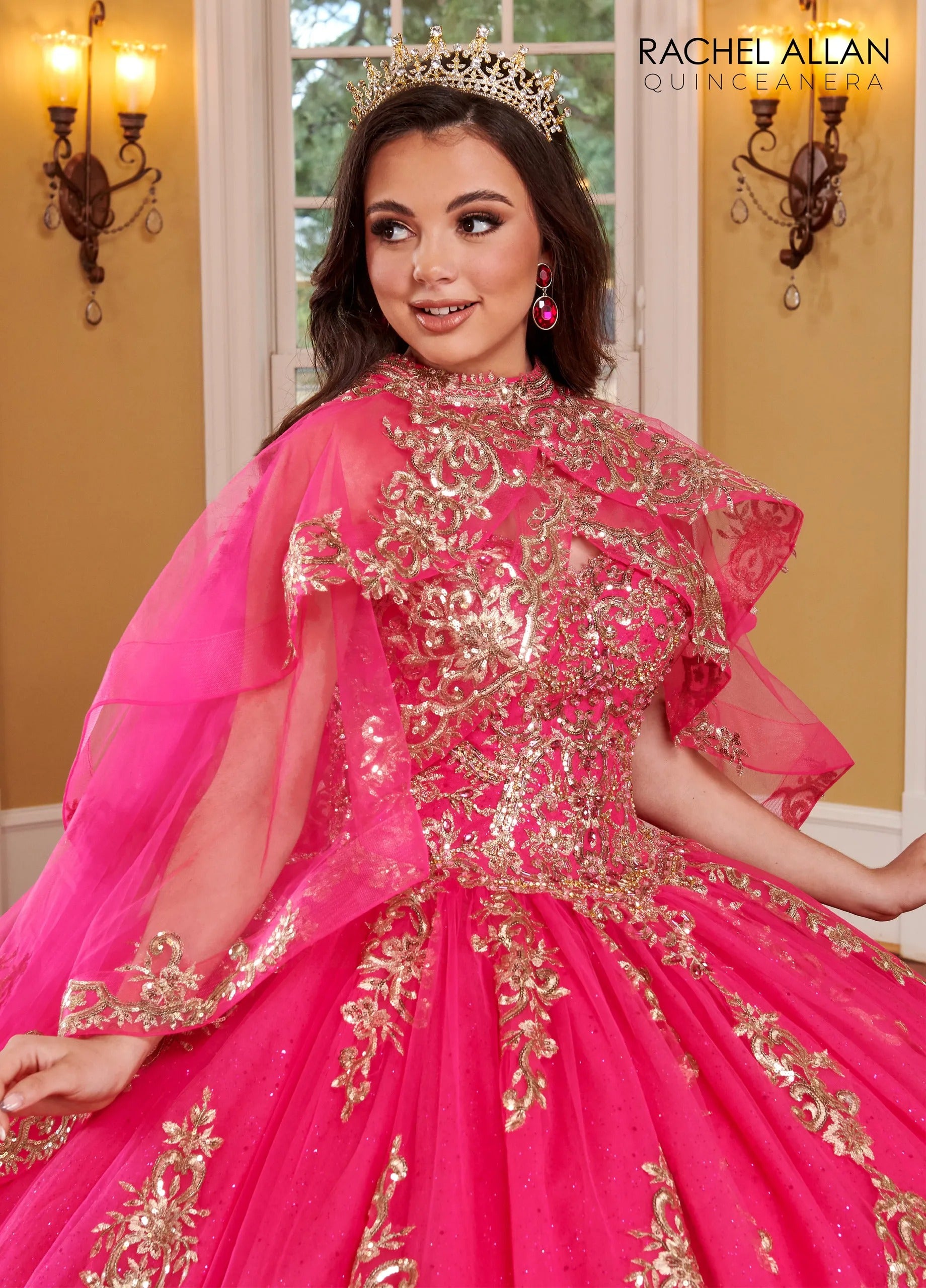 Fuchsia Gold Sweetheart Floor Length Glitter Tulle Quinceanera Ball Gown with Cathedral Train Rachel Allan RQ2170