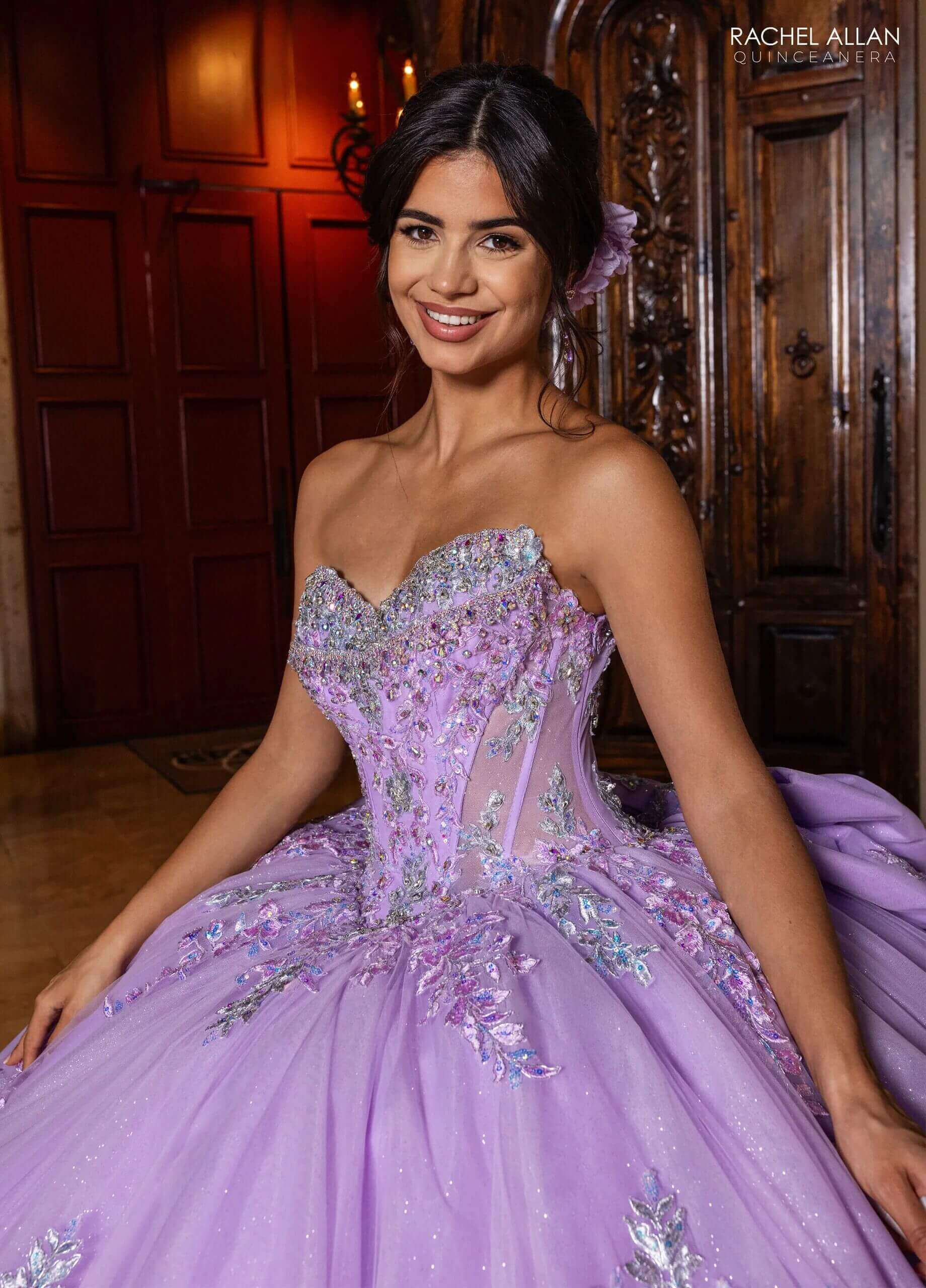 Lilac Sweetheart Off the Shoulder Floor Length Glitter Tulle Quinceanera Ball Gown Rachel Allan RQ2240