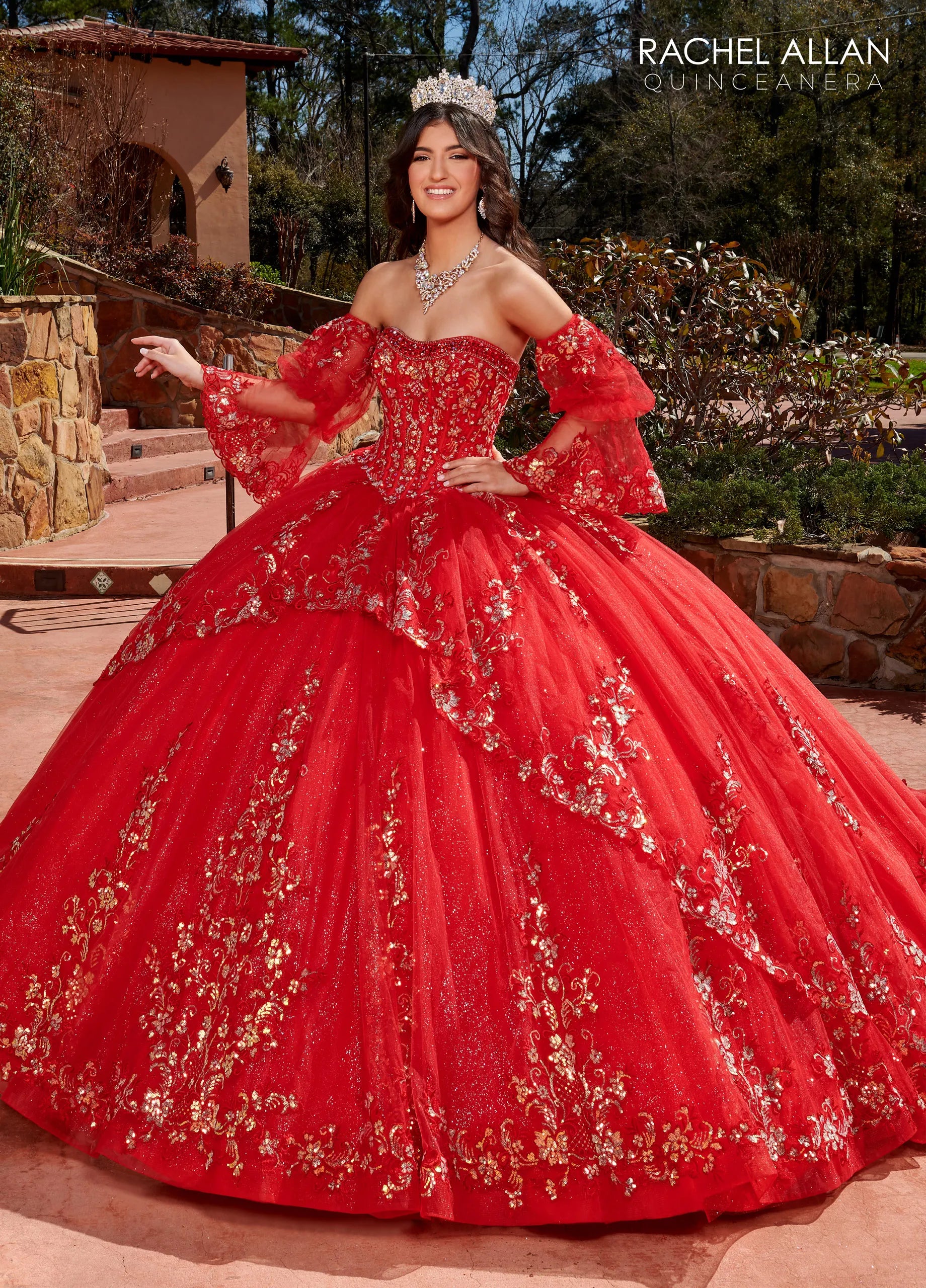 Red Sweetheart Floor-Length Glitter Tulle Quinceañera Ball Gown with Detachable Puff Sleeve Rachel Allan RQ2178