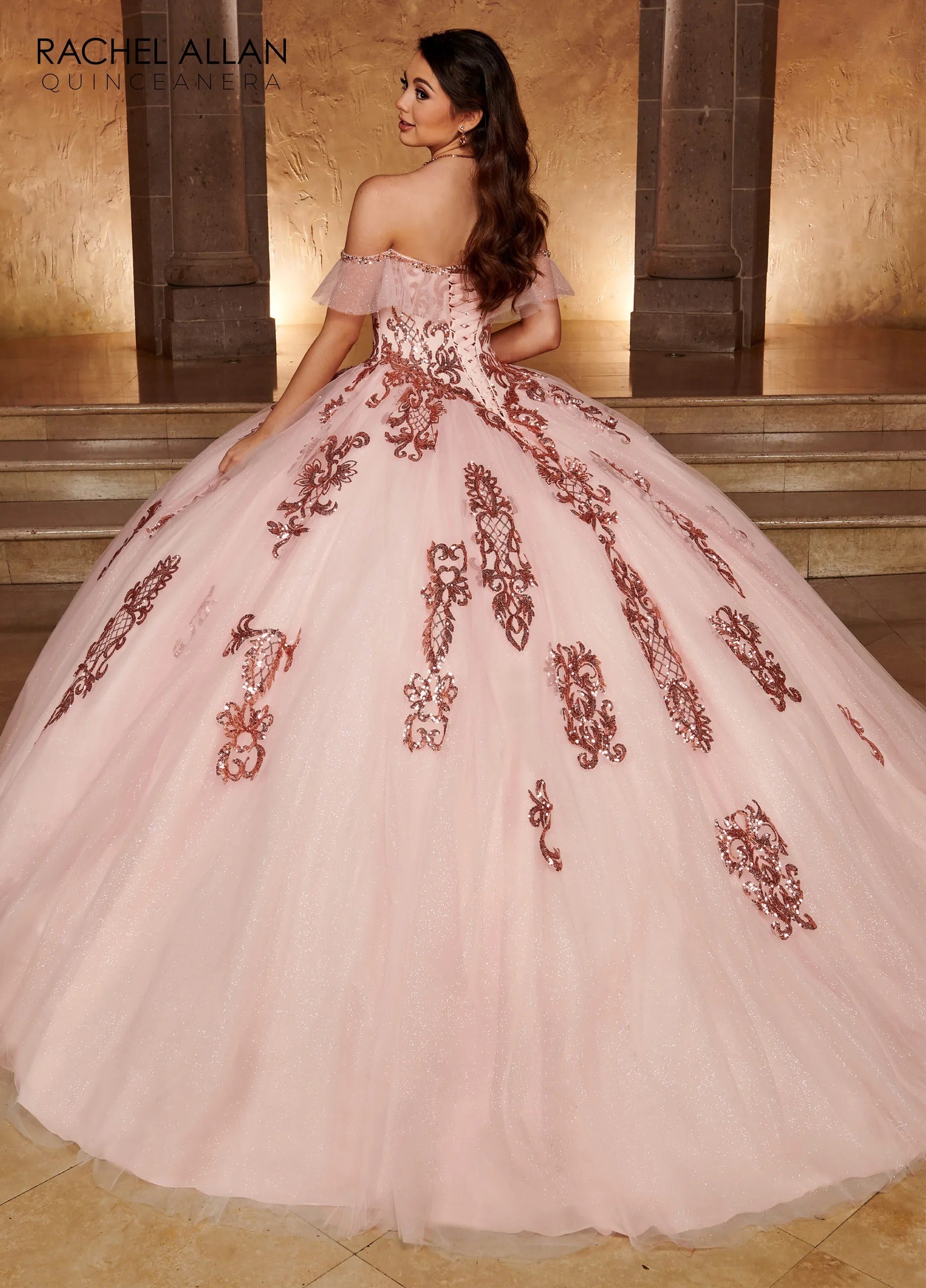 Blush Rose Gold Scoop Neck Floor Length Glitter Tulle Quinceanera Ball Gown with Detachable Bow Rachel Allan RQ2166