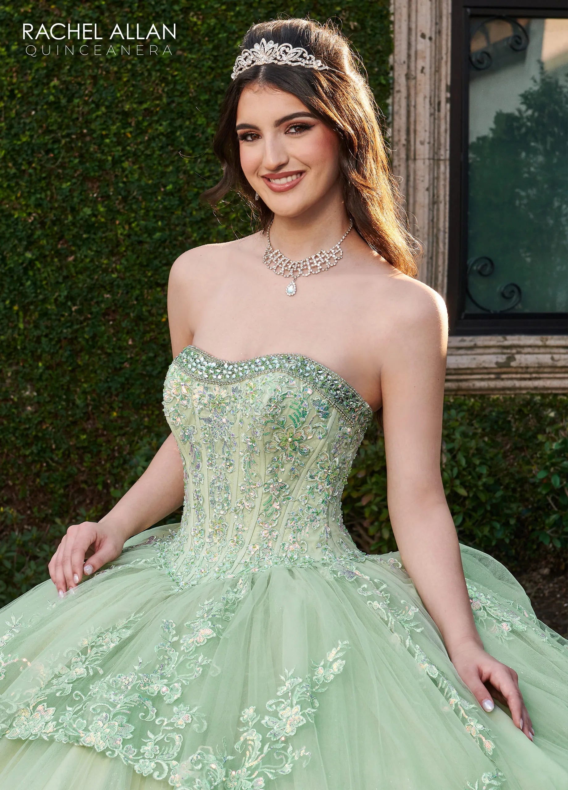 Sage Sweetheart Floor-Length Glitter Tulle Quinceañera Ball Gown with Detachable Puff Sleeve Rachel Allan RQ2178