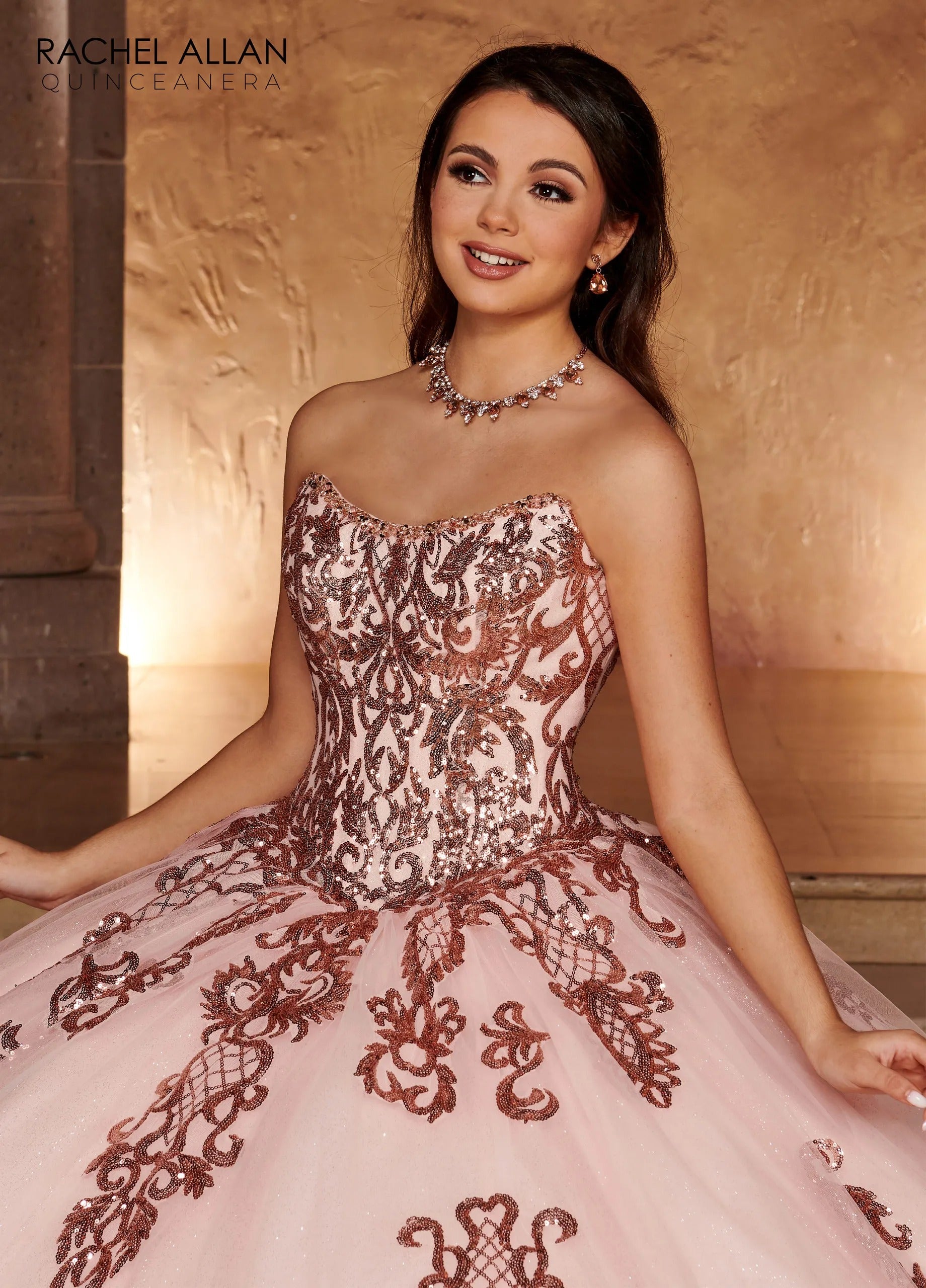 Blush Rose Gold Scoop Neck Floor Length Glitter Tulle Quinceanera Ball Gown with Detachable Bow Rachel Allan RQ2166