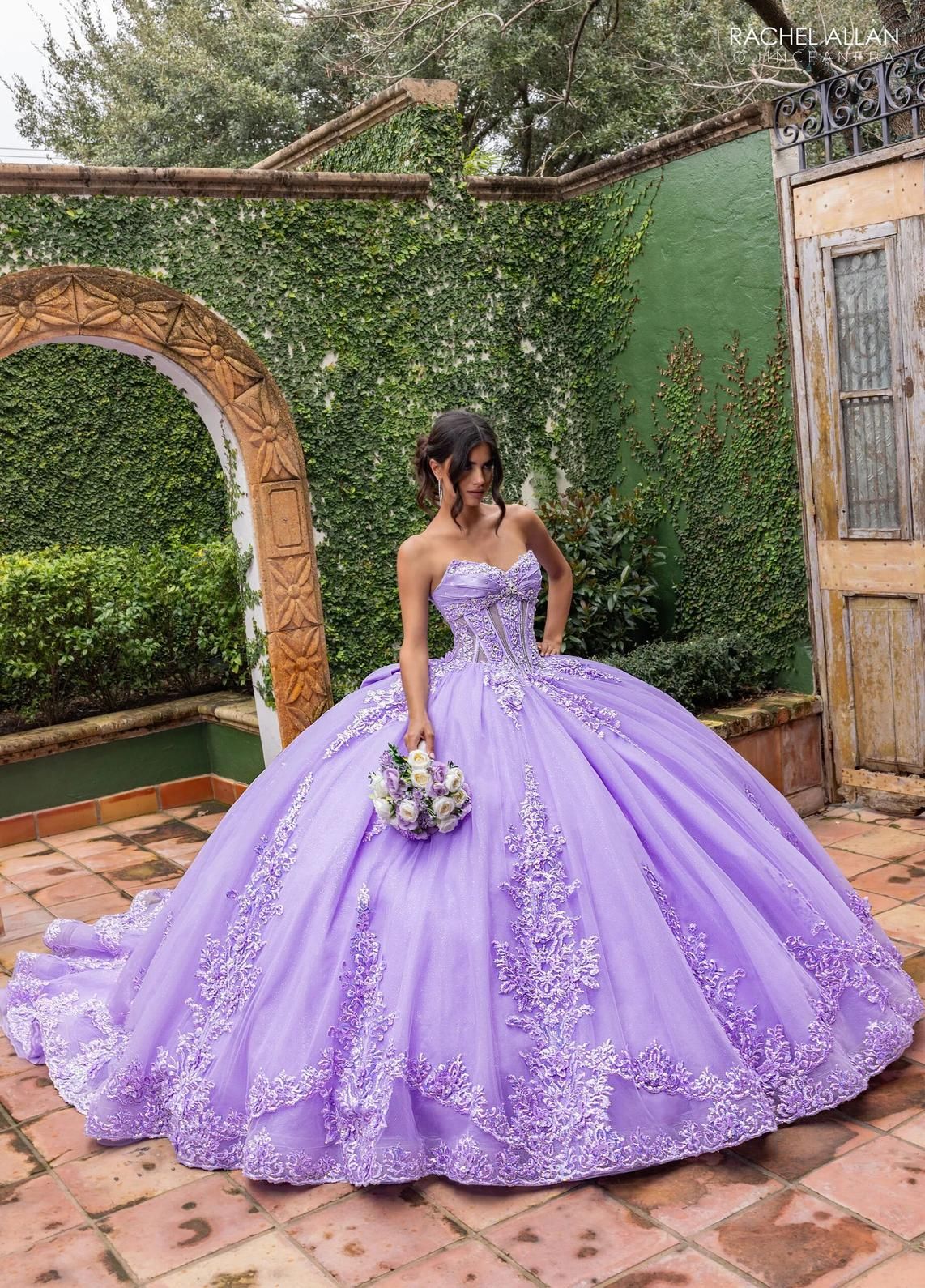 Lilac Sweetheart Floor Length Glitter Tulle Quinceanera Ball Gown with 3D Floral Applique Rachel Allan RQ2225