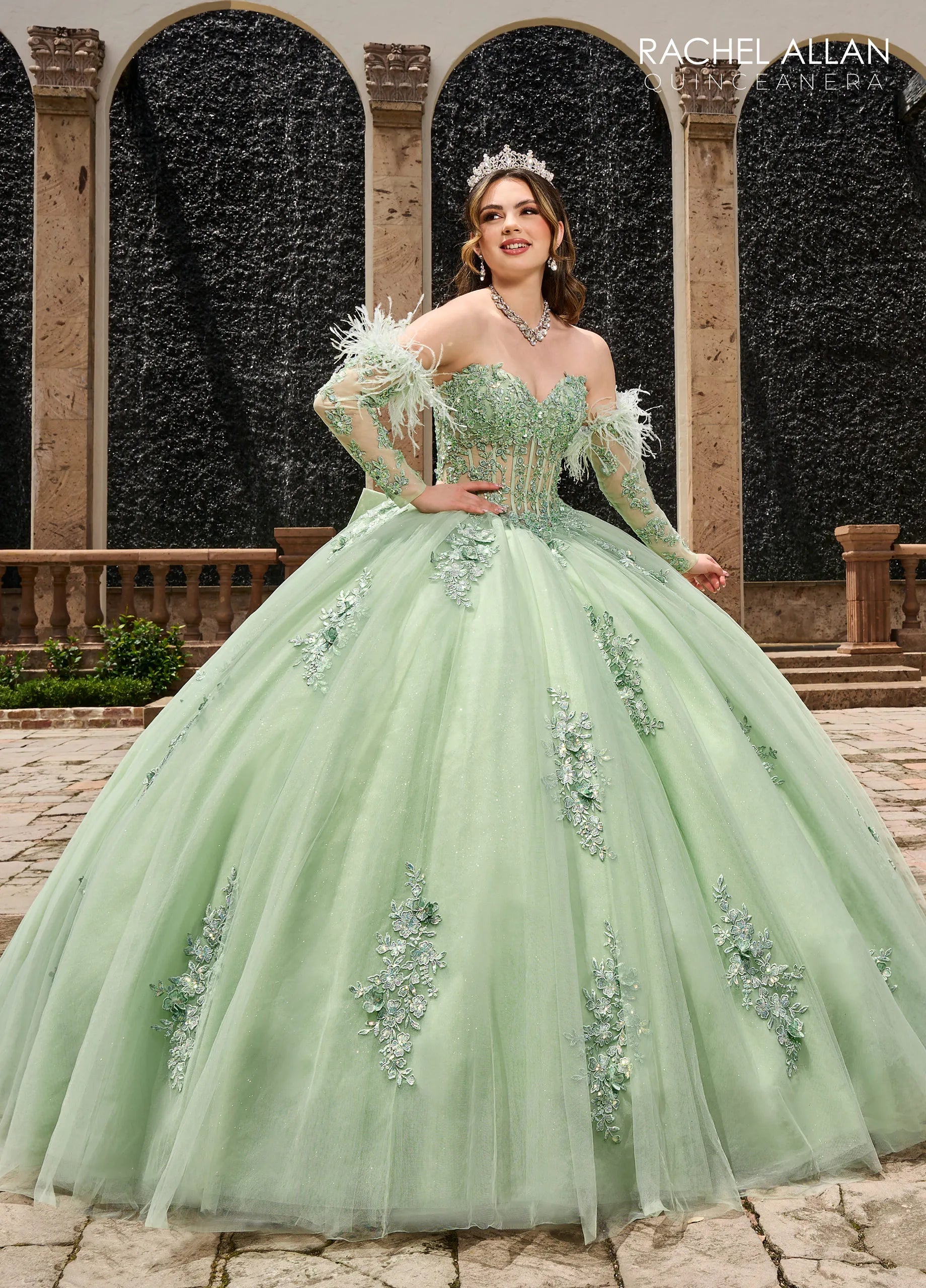 Sage Sweetheart Floor-Length Glitter Tulle Quinceanera Ball Gown with Detachable Feather Sleeves Rachel Allan RQ2171