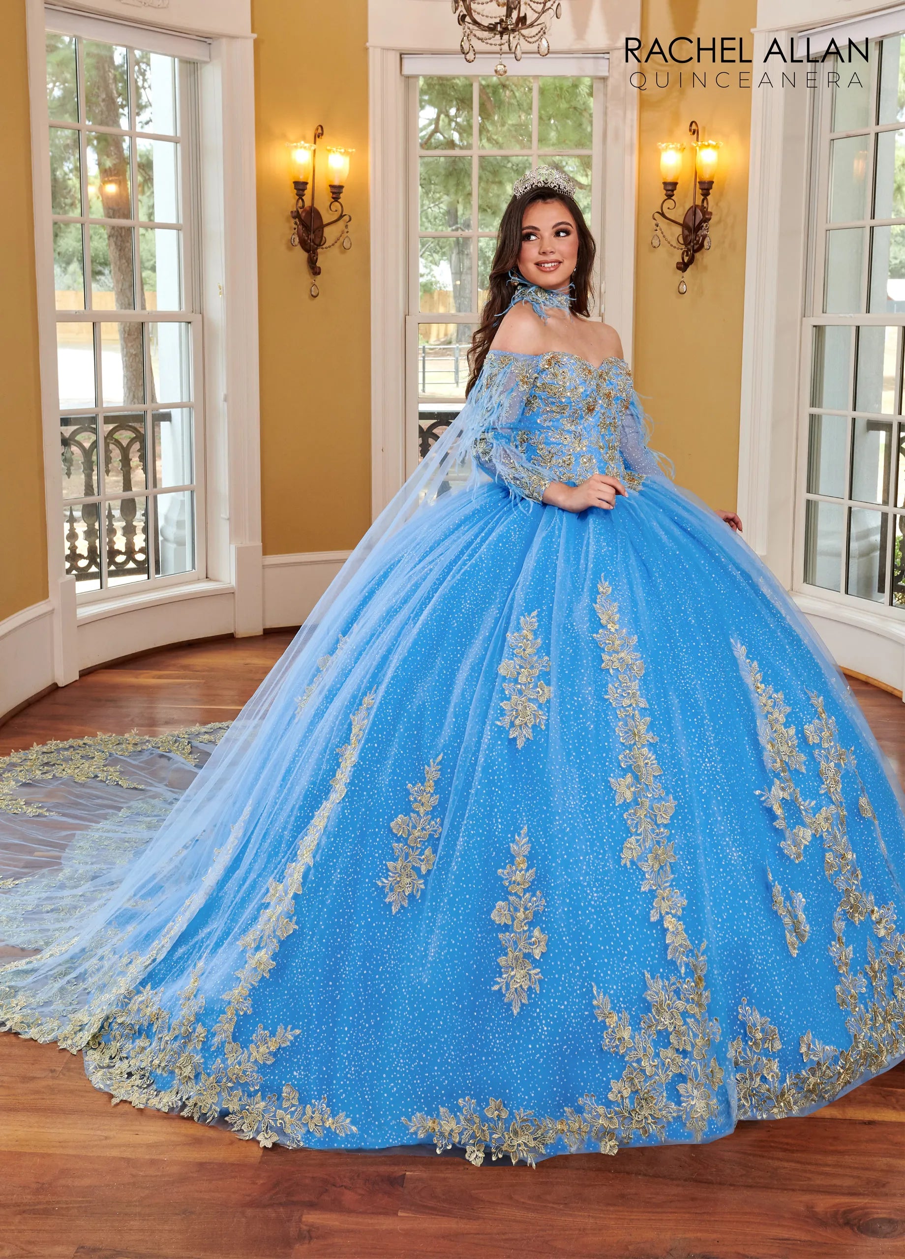 Azure Gold Sweetheart Floor Length Glitter Tulle Quinceanera Ball Gown with Feather Cape Rachel Allan RQ2167
