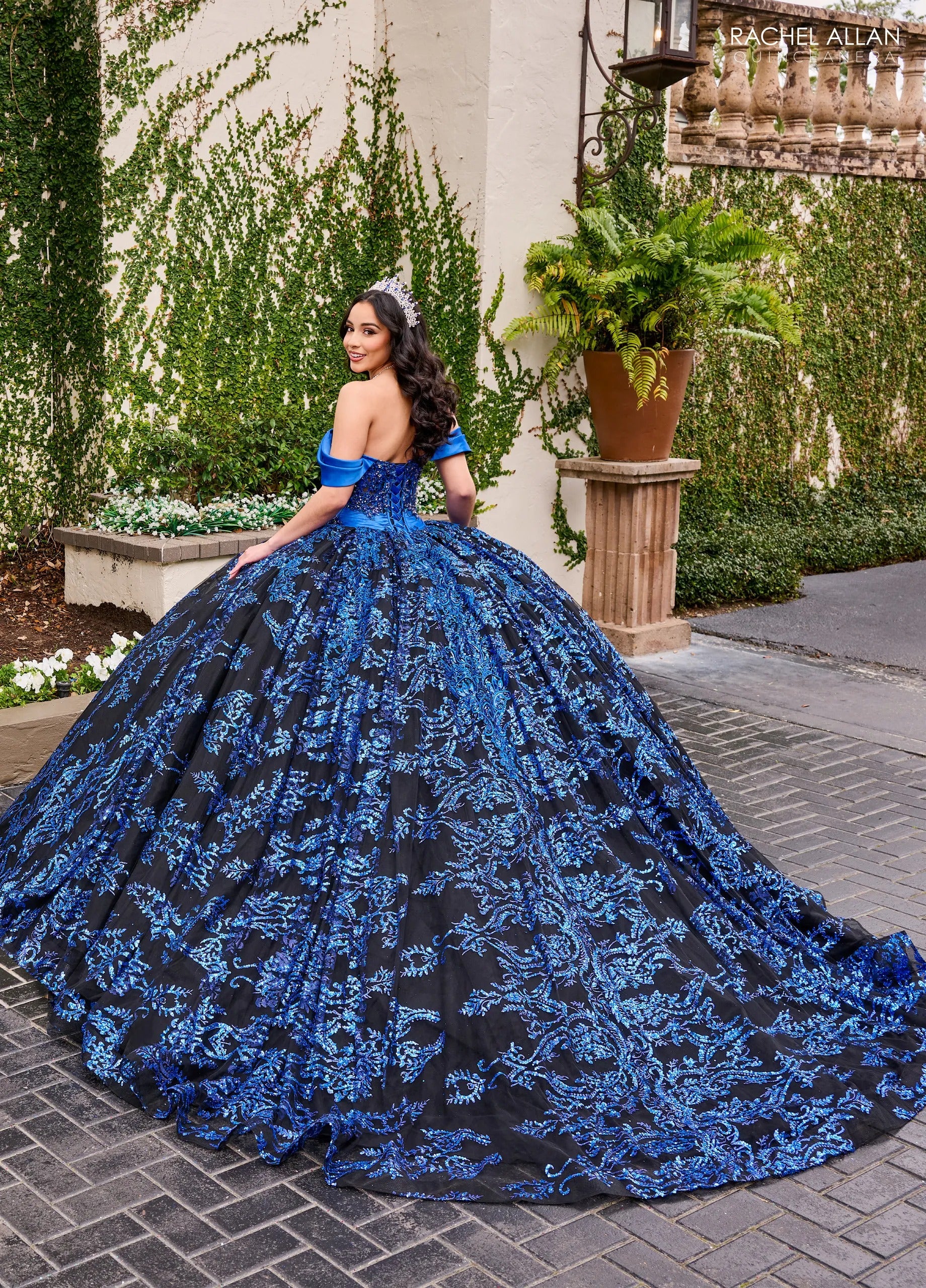 Black Royal Off the Shoulder Floor Length Glitter Tulle Quinceanera Ball Gown with Embroidered Applique Rachel Allan RQ2194