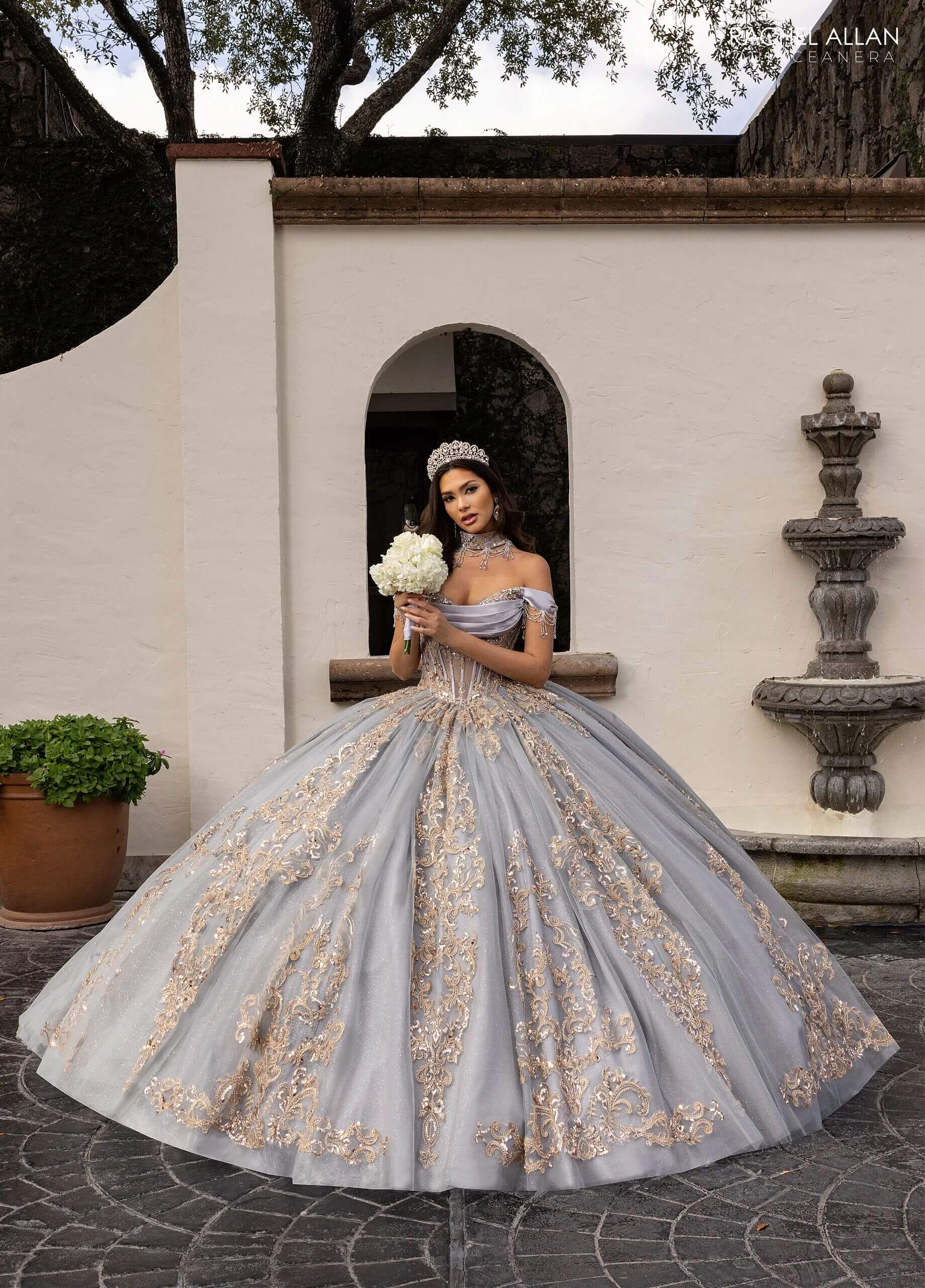 Silver Rose Gold Off the Shoulder Floor Length Glitter Tulle Quinceanera Ball Gown with Regal Applique Detachable Necklace and Bodice Liner Rachel Allan RQ2230
