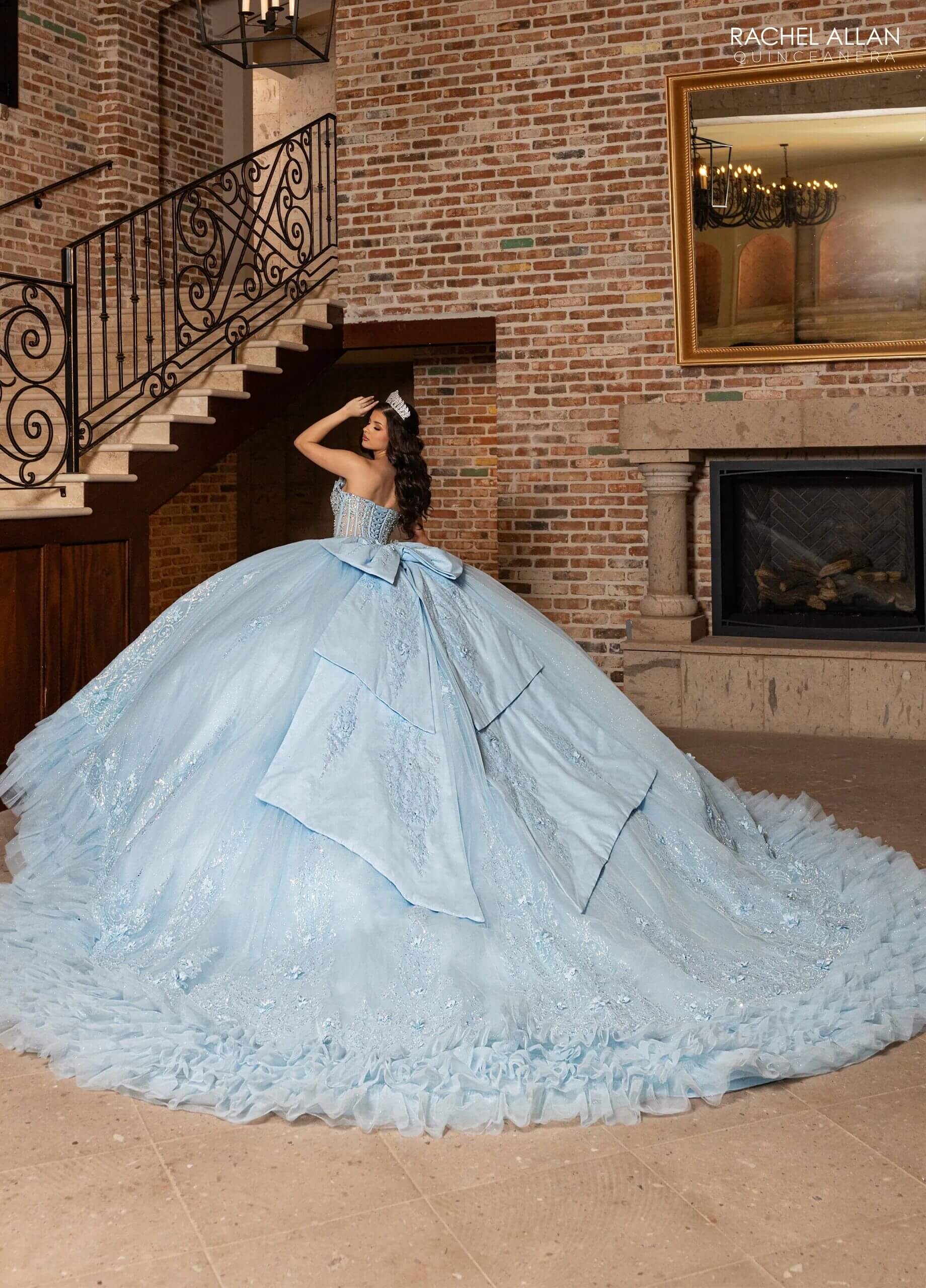 Light Blue Off the Shoulder Floor Length Glitter Tulle Quinceanera Ruffle Hem Ball Gown Rachel Allan RQ2243
