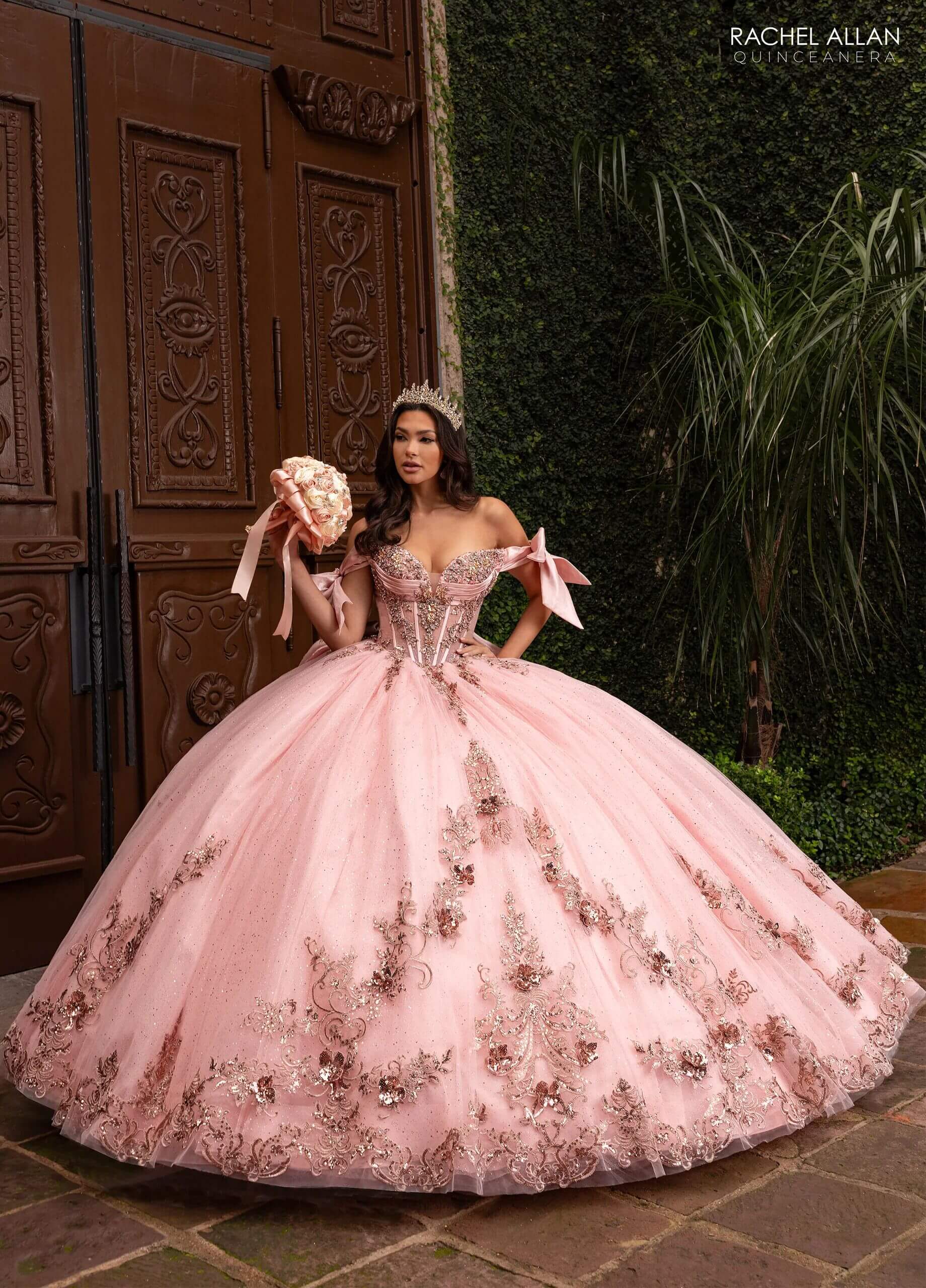Blush Rose Gold Off the Shoulder Floor Length Glitter Tulle Quinceanera Ball Gown with 3D Floral Appliques and Detachable Rachel Allan RQ3155