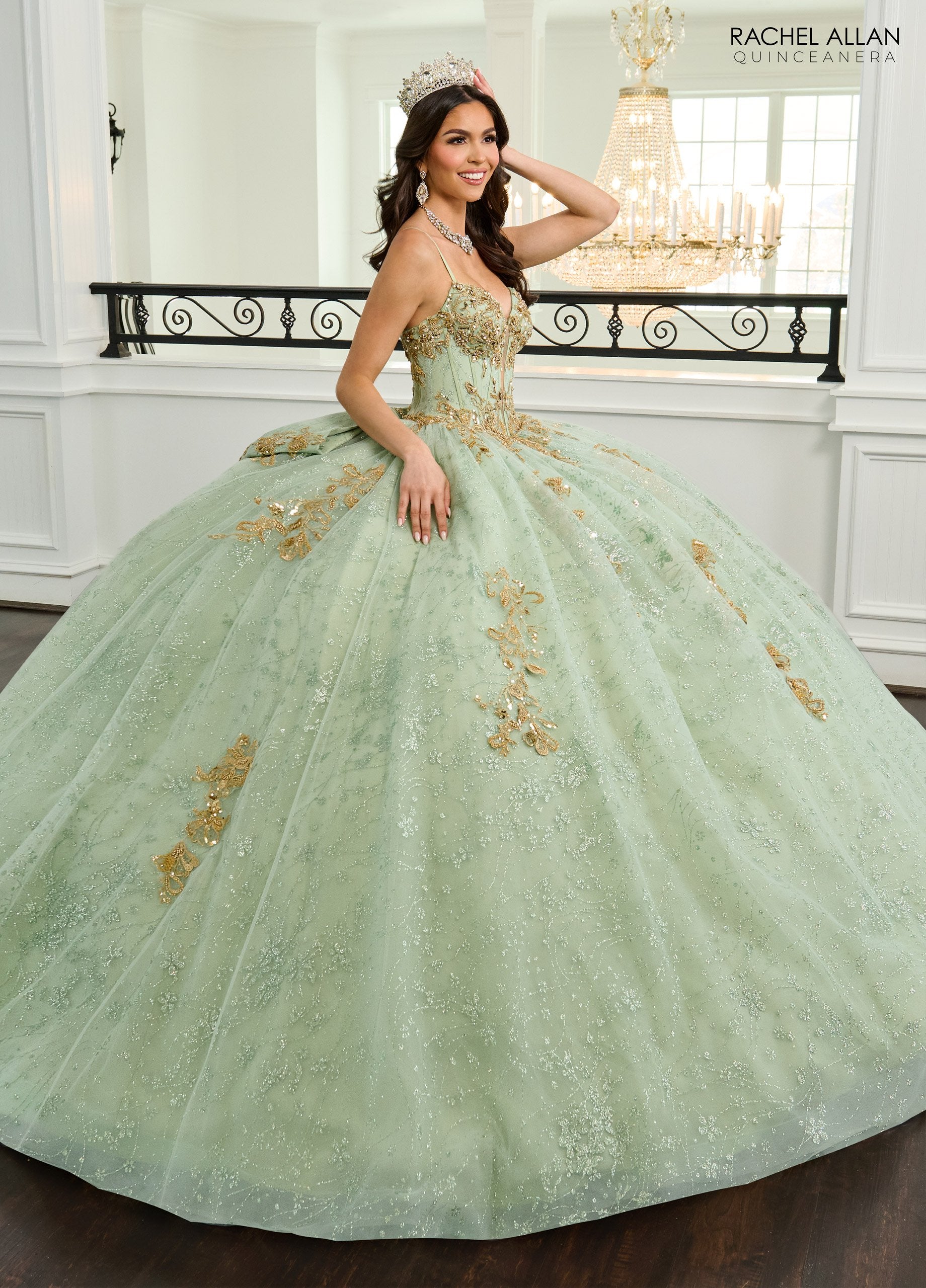 Rachel Allan RQ2221 Ball Gown Long Glitter Quinceanera Dress - Sage Gold / 10 Rachel Allan RQ2221 Ball Gown Long Glitter Quinceanera Dress - Sage Gold / 10