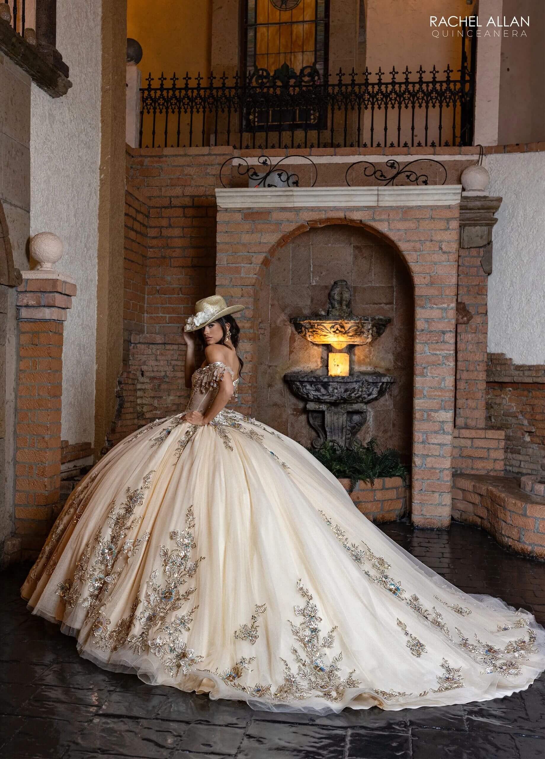 Champagne Gold Off the Shoulder Floor Length Glitter Tulle Quinceanera Ball Gown with Detachable Necklace and Bodice Liner Rachel Allan RQ2228