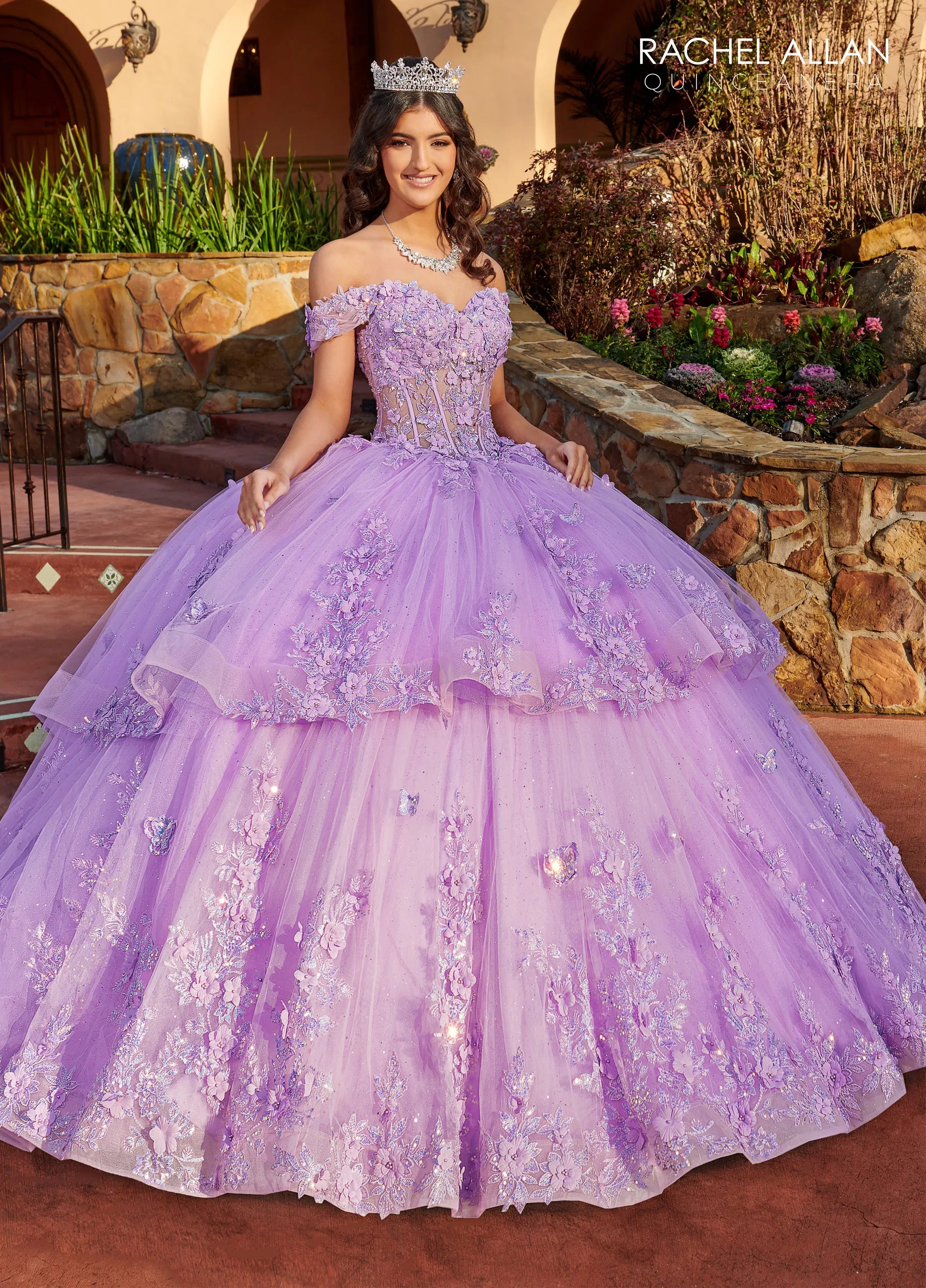 Lilac Off-the-Shoulder Floor-Length Glitter Tulle Quinceanera Ball Gown with Sweetheart Corset Bodice Rachel Allan RQ2179