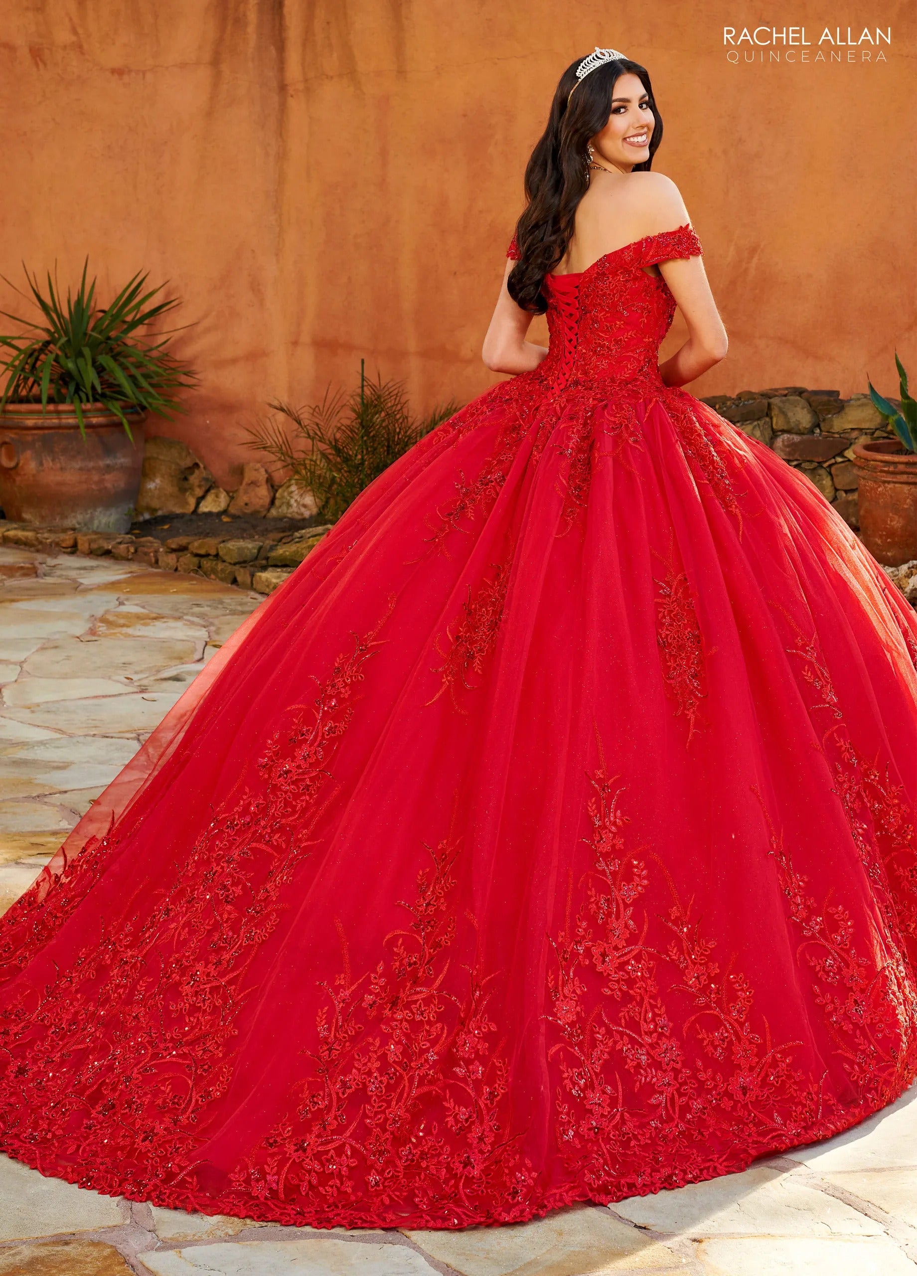 Red Off the Shoulder Floor Length Glitter Tulle Quinceanera Ball Gown with Beaded Applique Rachel Allan MQ2151