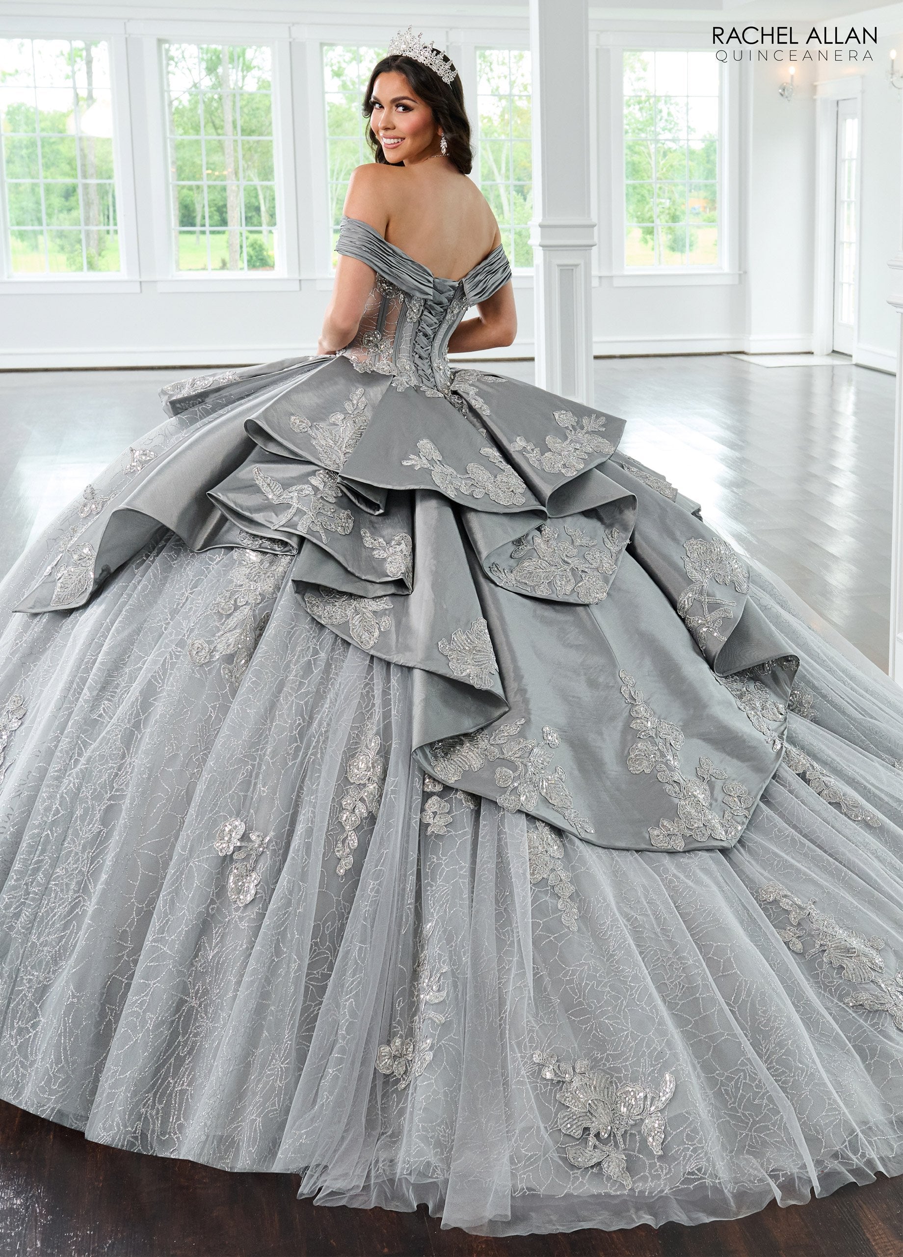 Silver Dress Grey Quinceanera Dama Dresses Rachel Allan RQ2222 Long Quinceanera  Dress Beaded Glitter Ball Gown
