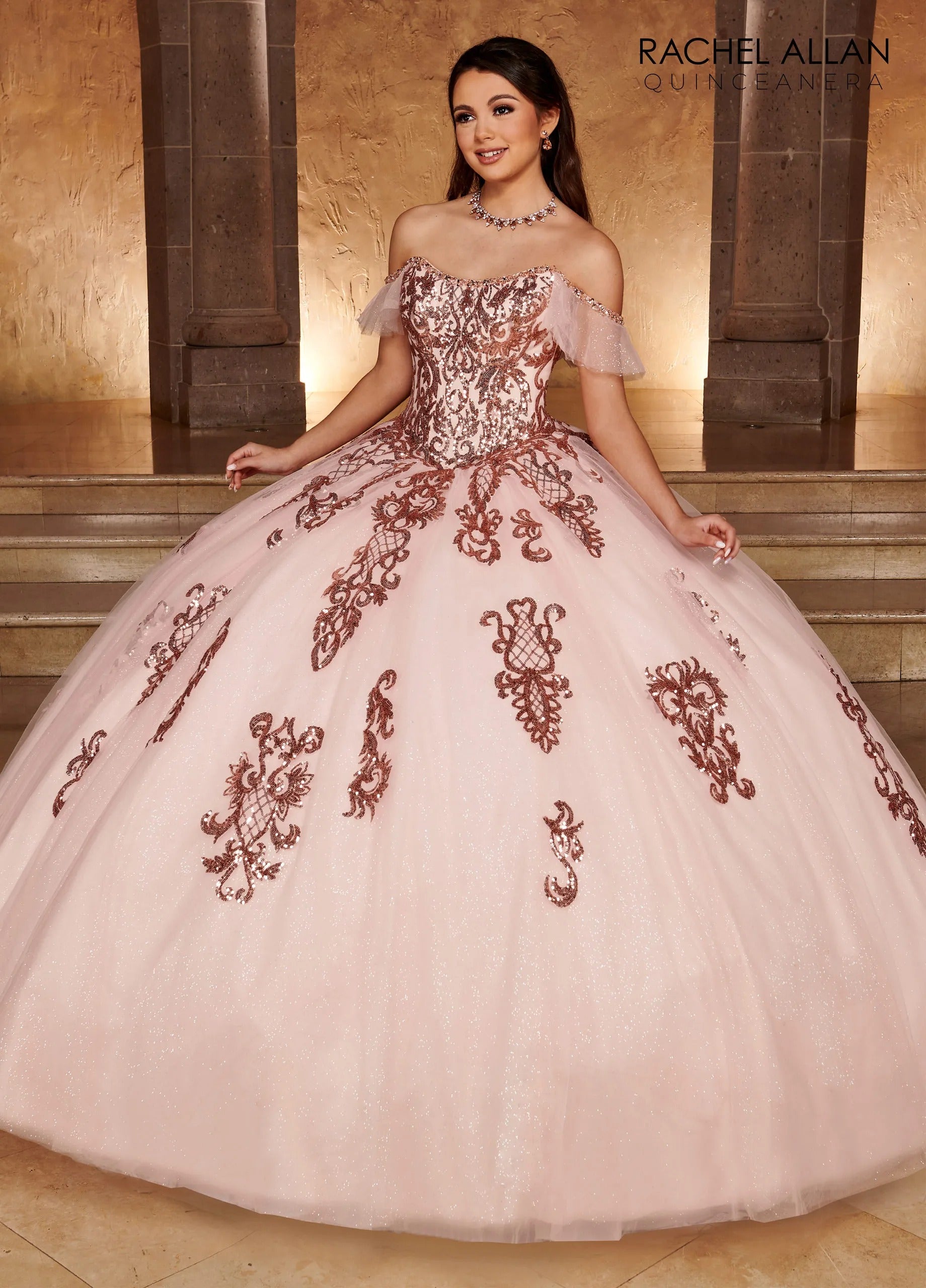 Blush Rose Gold Scoop Neck Floor Length Glitter Tulle Quinceanera Ball Gown with Detachable Bow Rachel Allan RQ2166
