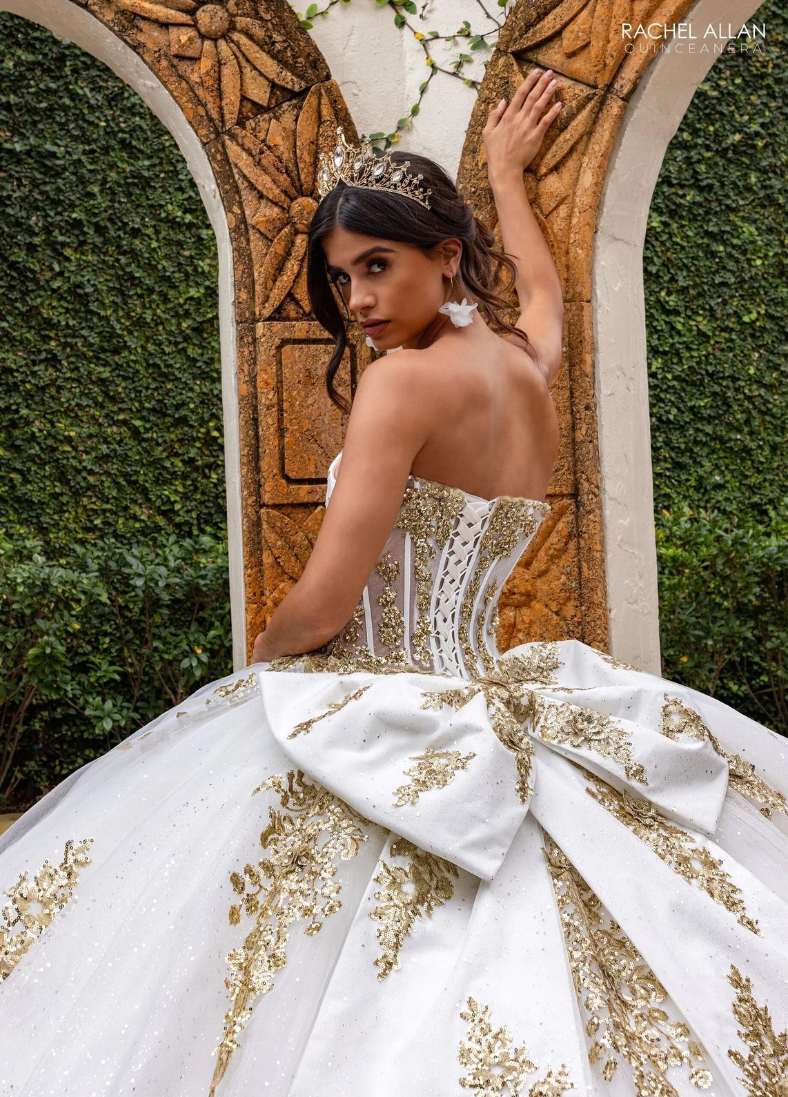 Ivory Gold Sweetheart Floor Length Glitter Tulle Quinceanera Ball Gown with 3D Floral Applique Rachel Allan RQ2225