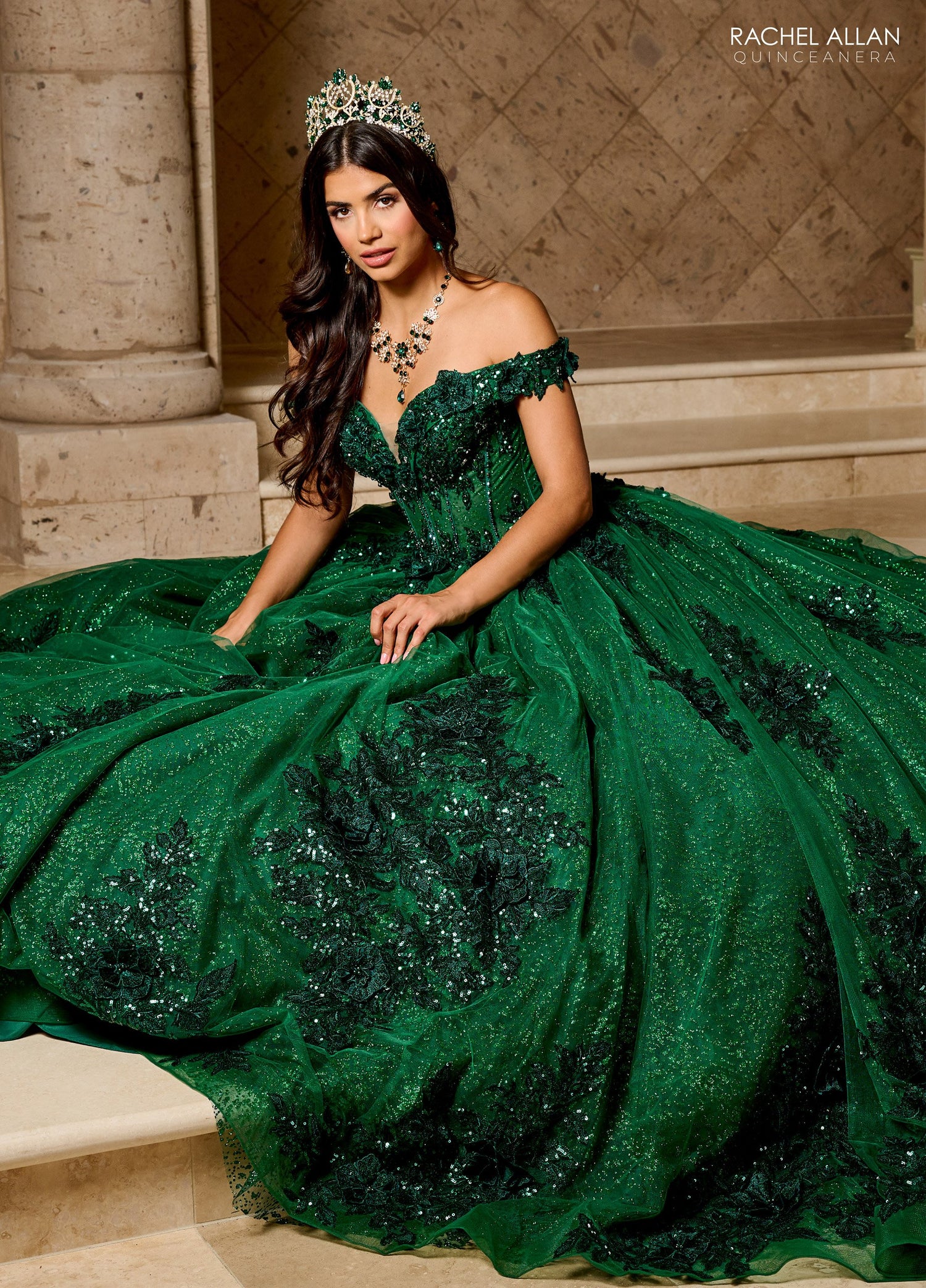 Quinceniera Dresses Long Ball Gown Glitter 3D Floral Quinceanera Dress Emerald
