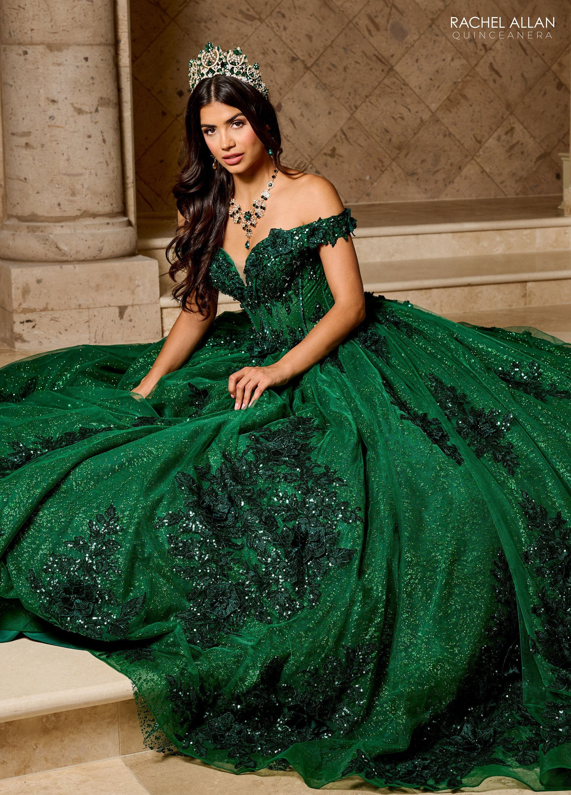 Rachel Allan RQ2215 Long Ball Gown Glitter 3D Floral Quinceanera Dress