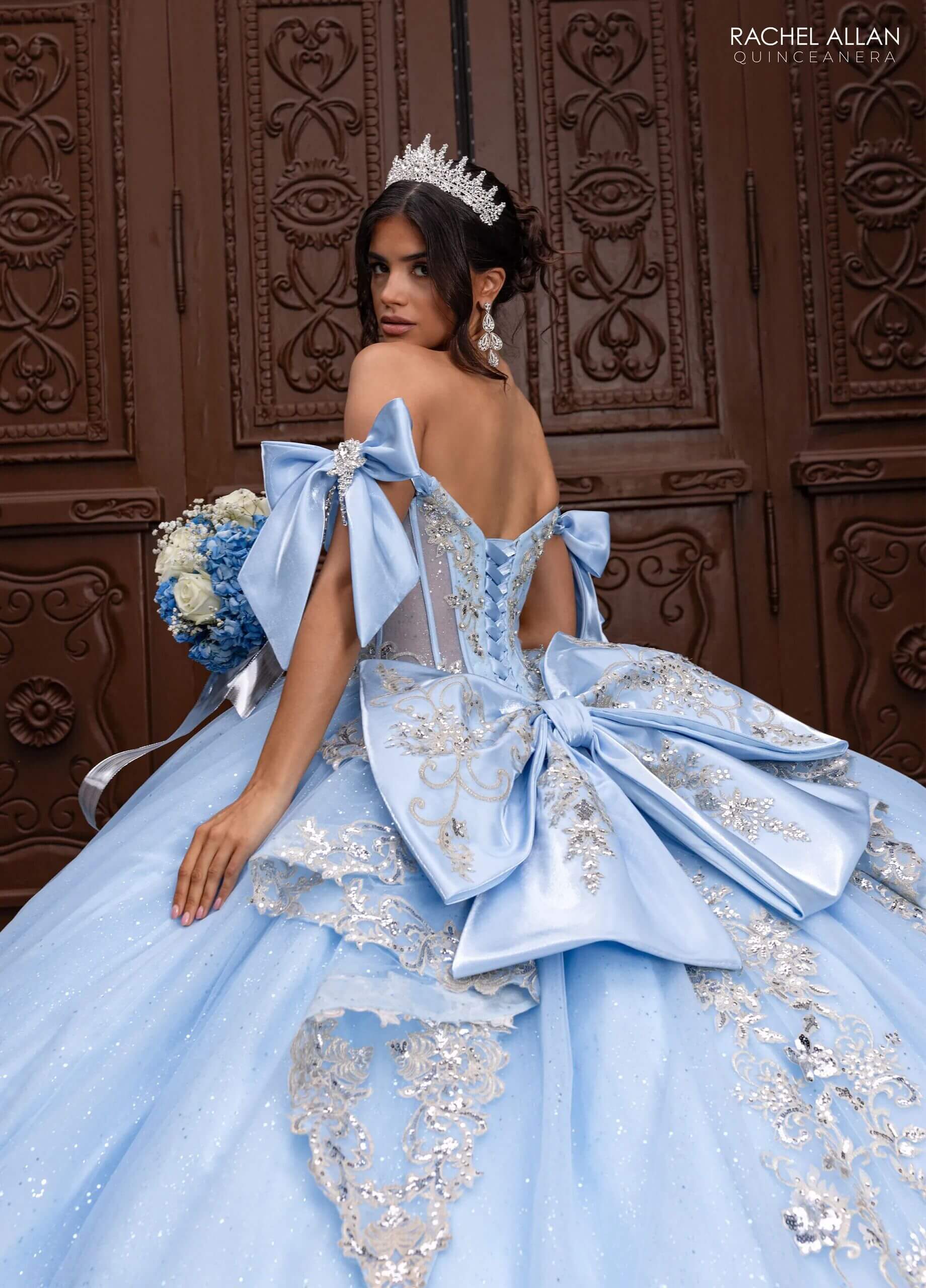 Cloud Blue Silver Off the Shoulder Floor Length Glitter Tulle Quinceanera Ball Gown with 3D Floral Appliques and Detachable Rachel Allan RQ3155