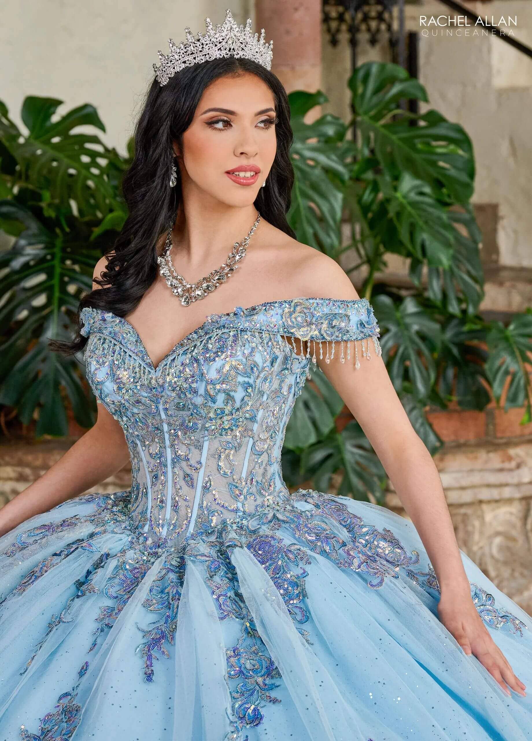 Light Blue Off the Shoulder Floor-Length Glitter Tulle Quinceanera Ball Gown with Embroidered Appliqué Train Rachel Allan RQ2205
