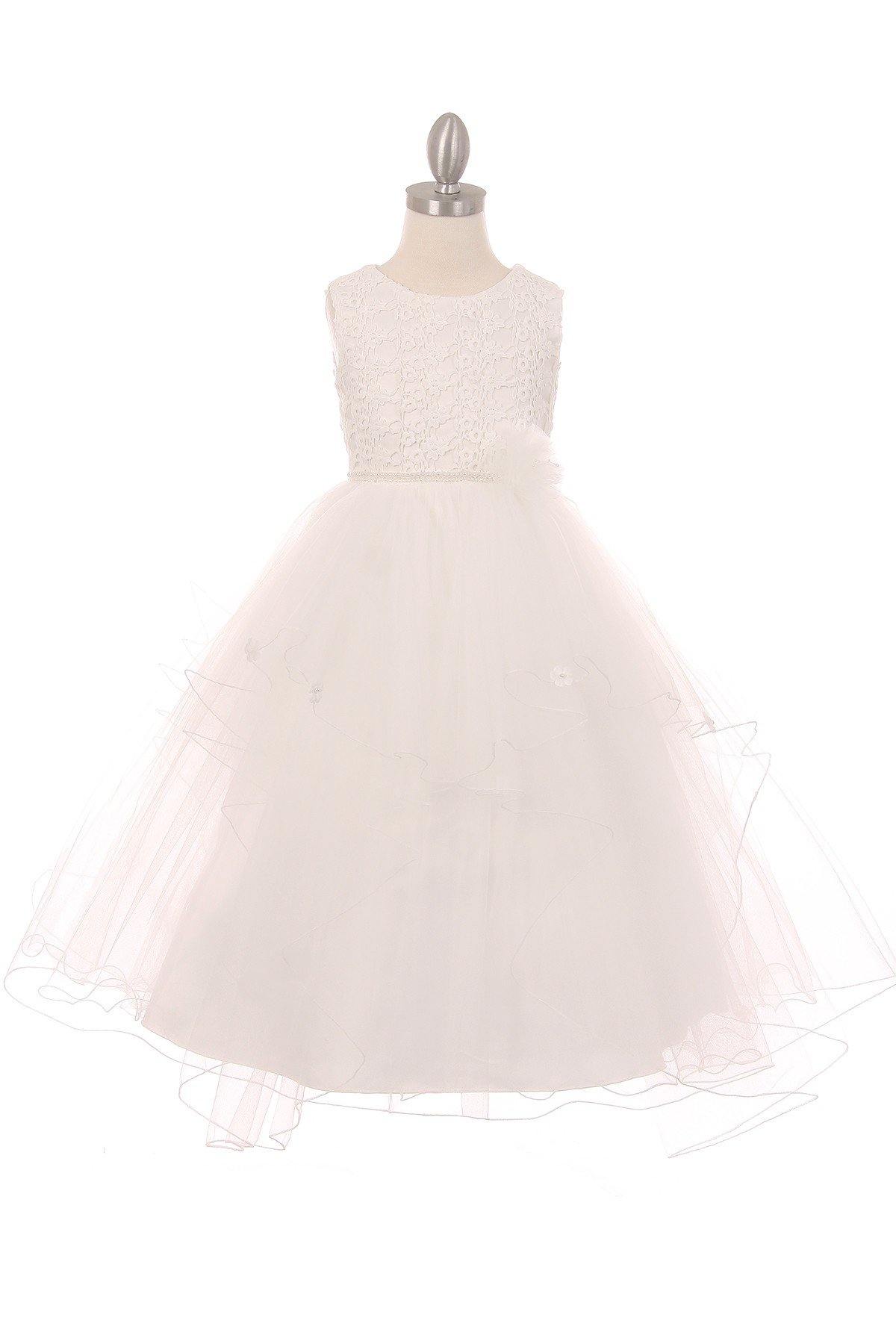 White Pearl Puff Sleeve Tulle Dress for Girls – Bow Back & Matching Headpiece
