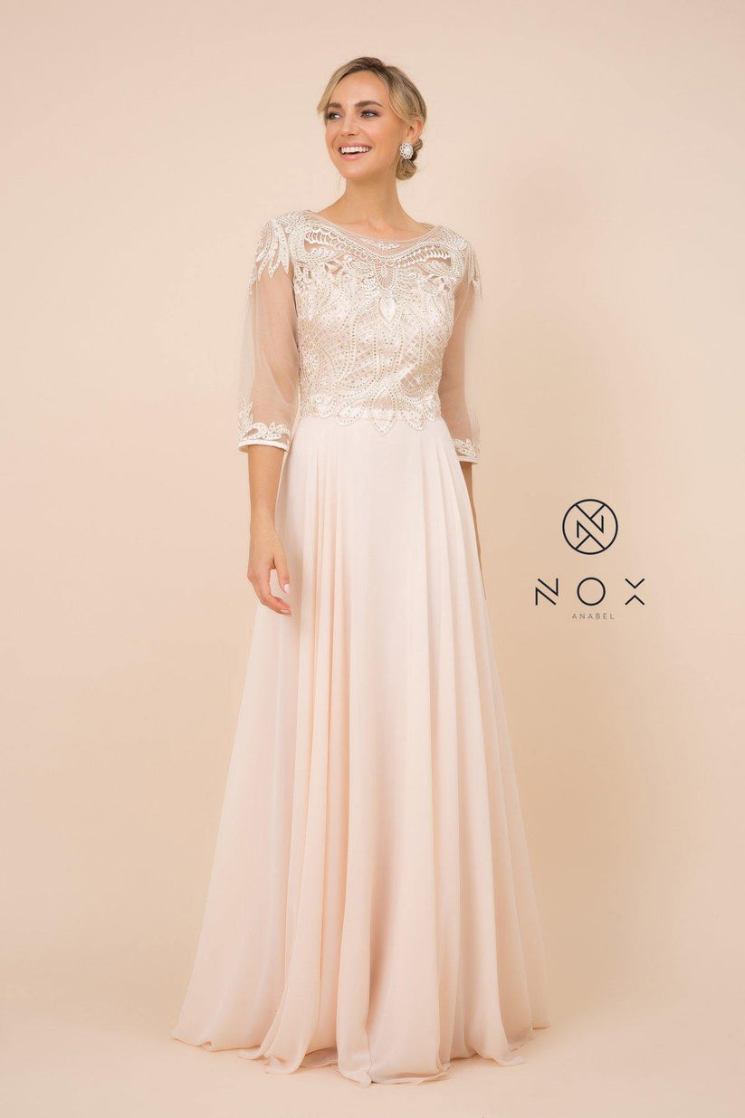 Gold Lace Appliqued Long Chiffon Dresses Peacock