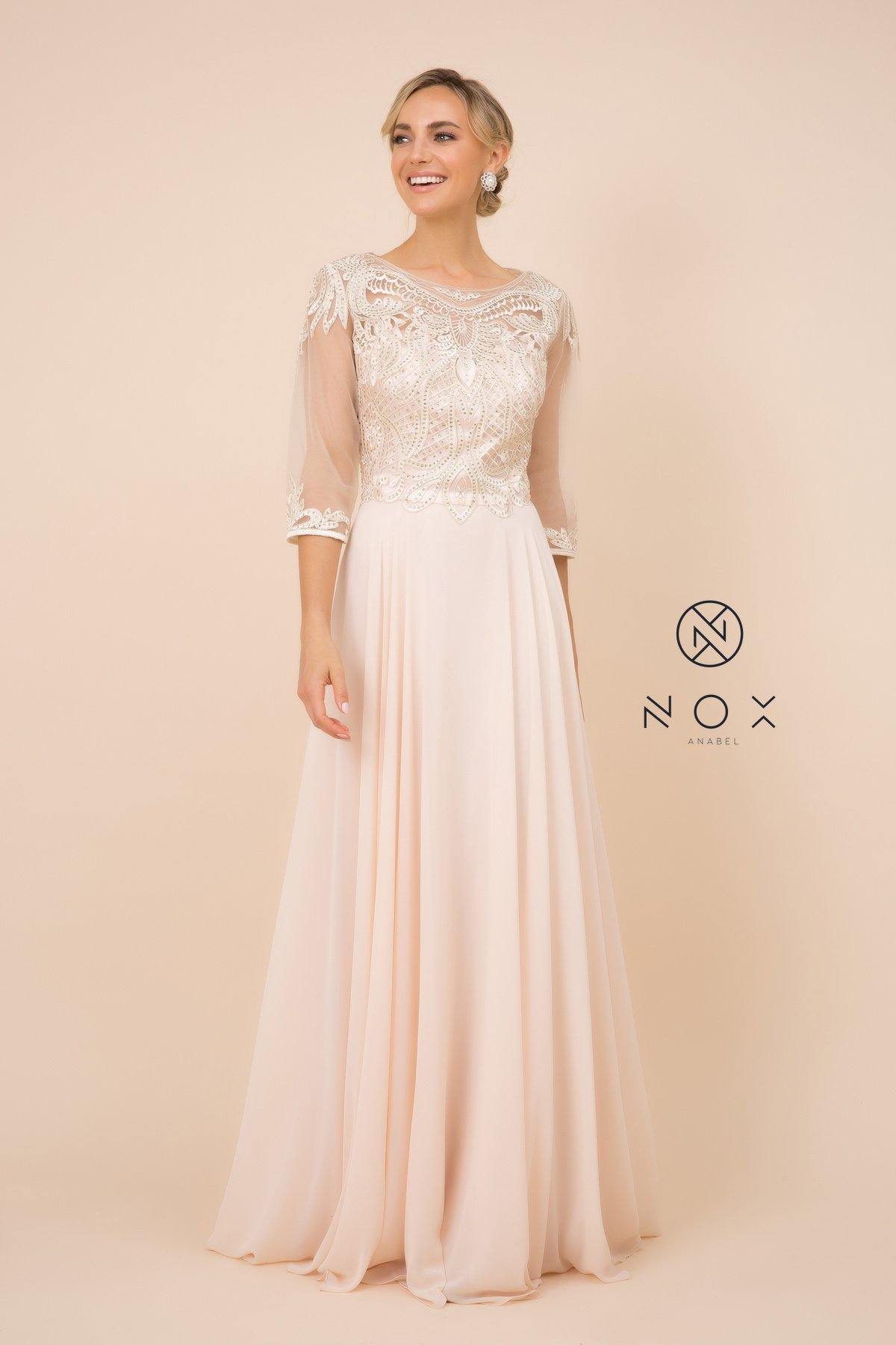 Lace Applique Chiffon Long Gown Formal - The Dress Outlet Nox Anabel