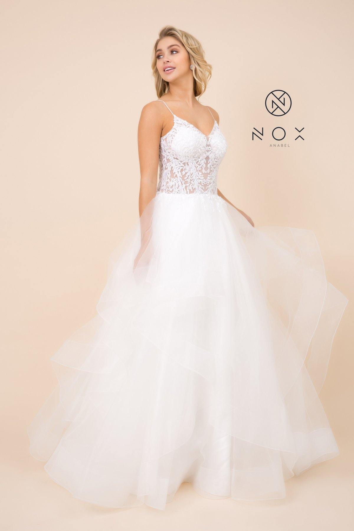 Lace Applique Long Tiered Wedding Dress Formal - The Dress Outlet Nox Anabel