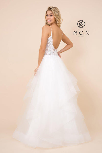 Lace Applique Long Tiered Wedding Dress Formal - The Dress Outlet Nox Anabel