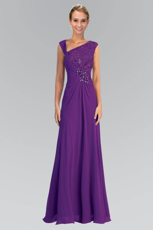 Lace Embellished Bodice Chiffon Long Formal Dress - The Dress Outlet Elizabeth K