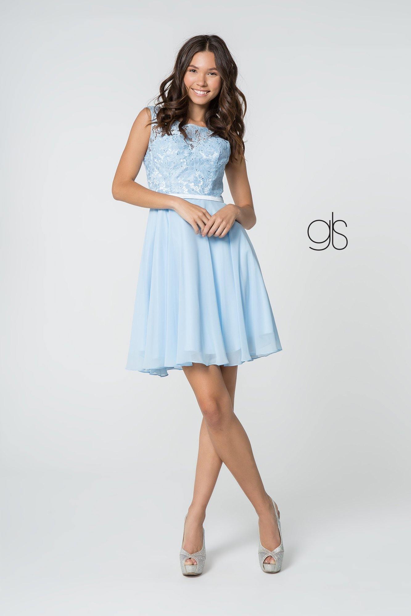 Lace Embellished Bodice Chiffon Short Dress - The Dress Outlet Elizabeth K