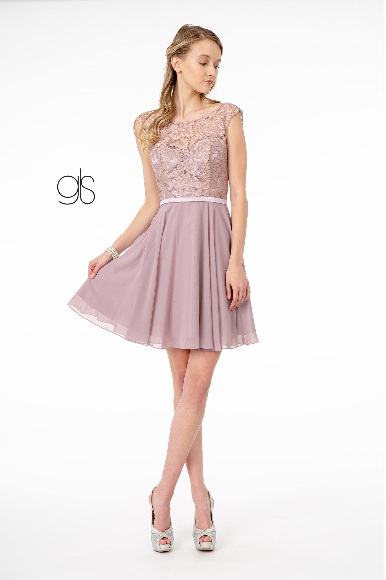 Lace Embellished Bodice Chiffon Short Graduation Dress - Burgundy / XS Lace Embellished Bodice Chiffon Short Graduation Dress - Burgundy / XS