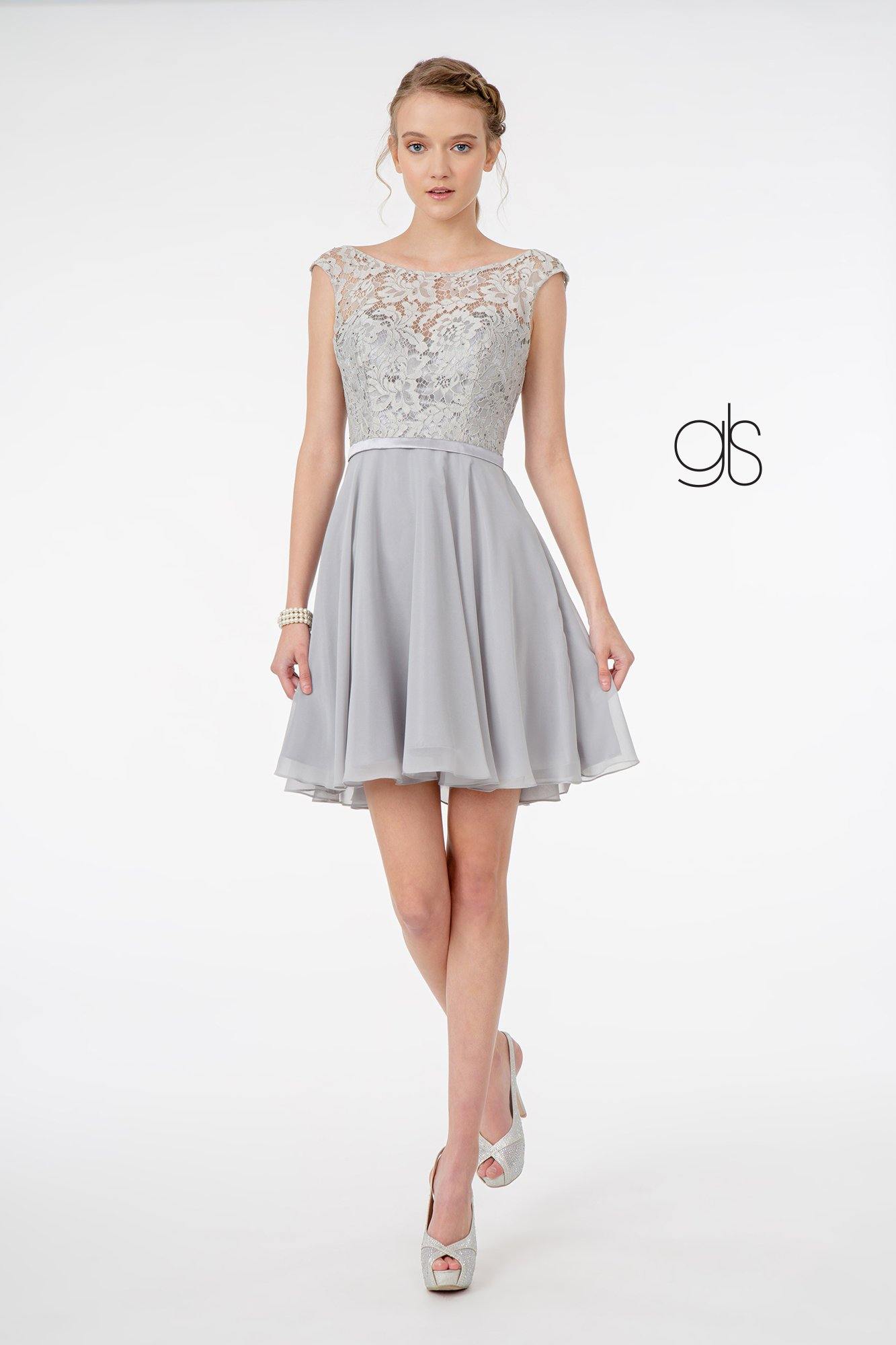 Lace Embellished Bodice Chiffon Short Dress The Dress Outlet Lace Embellished Bodice Chiffon Short Dress The Dress Outlet
