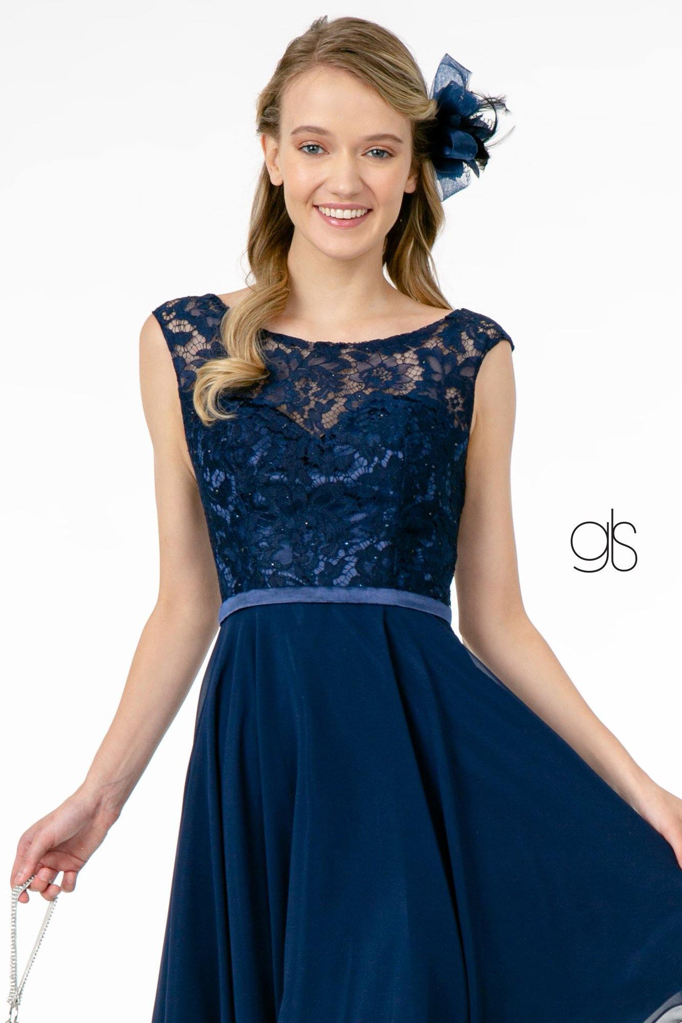 Lace Embellished Bodice Chiffon Short Dress - The Dress Outlet Elizabeth K